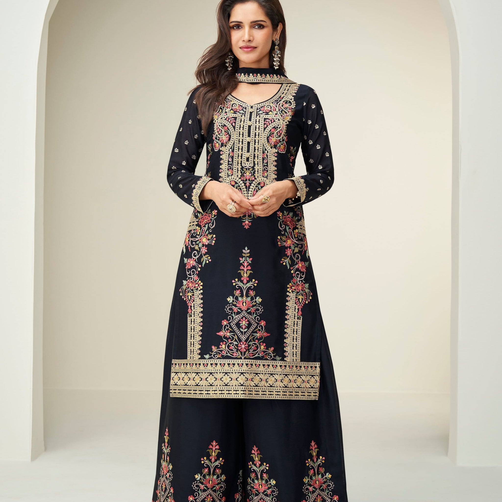 Black embroidered Chinnon silk palazzo suit with dupatta