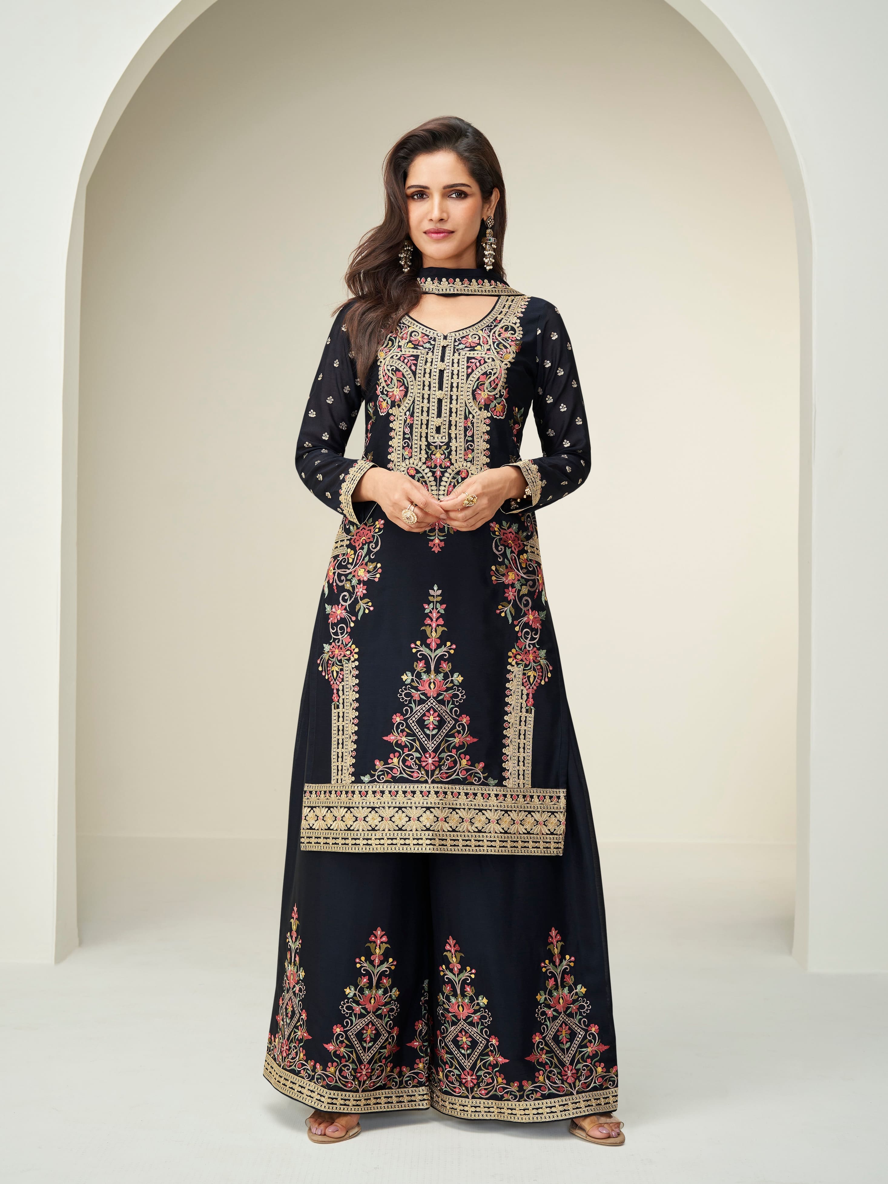 Black embroidered Chinnon silk palazzo suit with dupatta