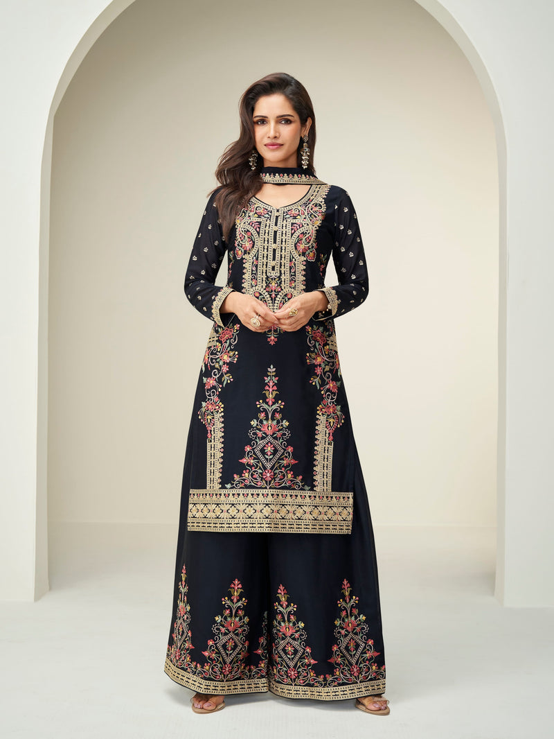 Black embroidered Chinnon silk palazzo suit with dupatta