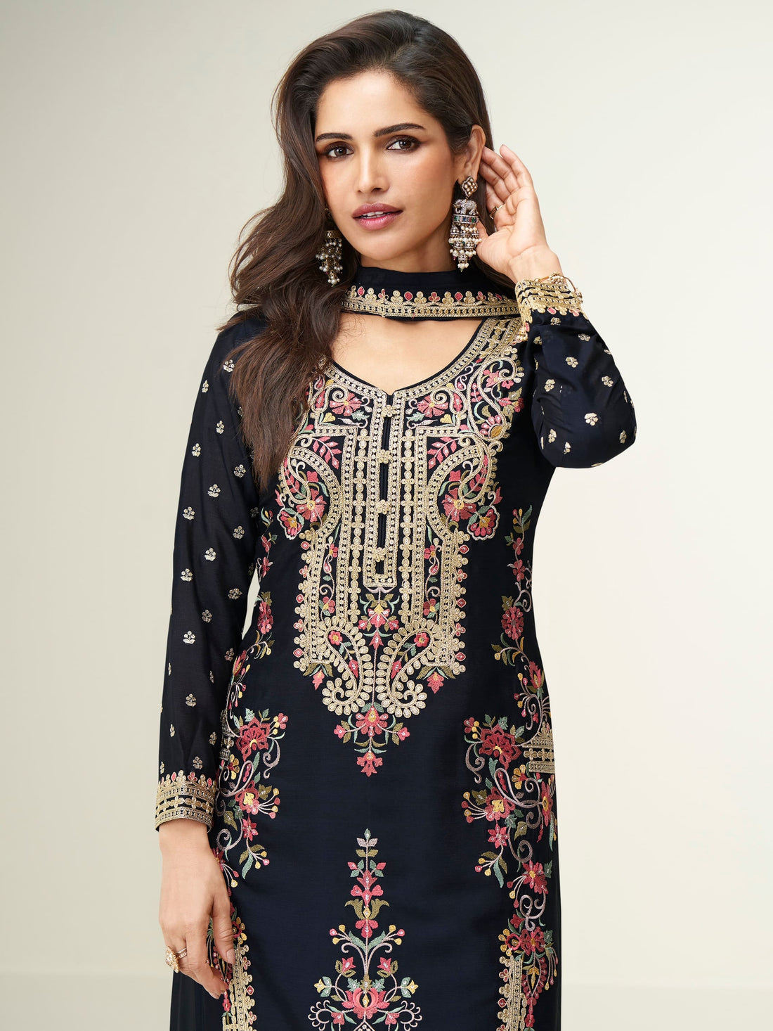 Black embroidered Chinnon silk palazzo suit with dupatta