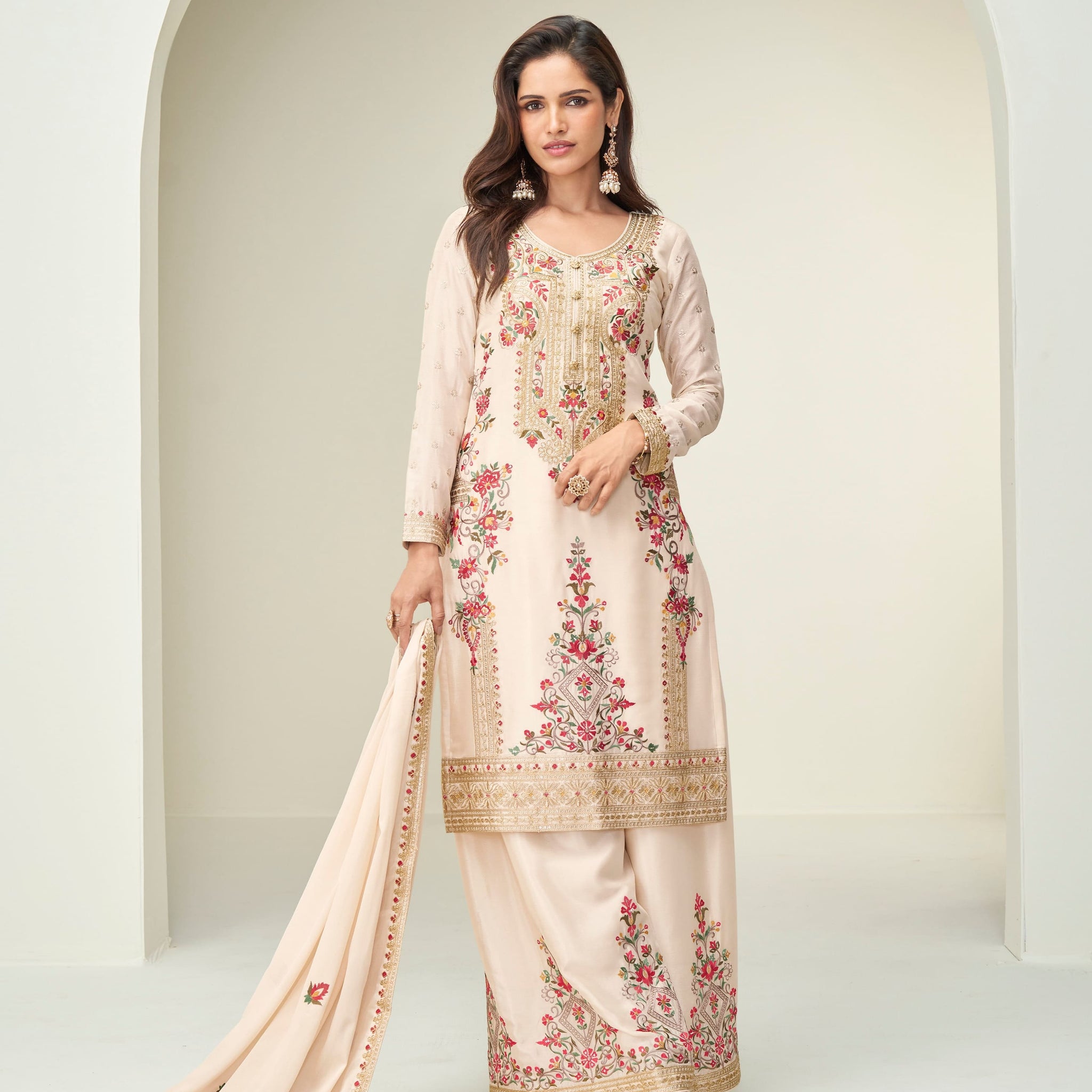Cream embroidered Chinnon silk palazzo suit with dupatta