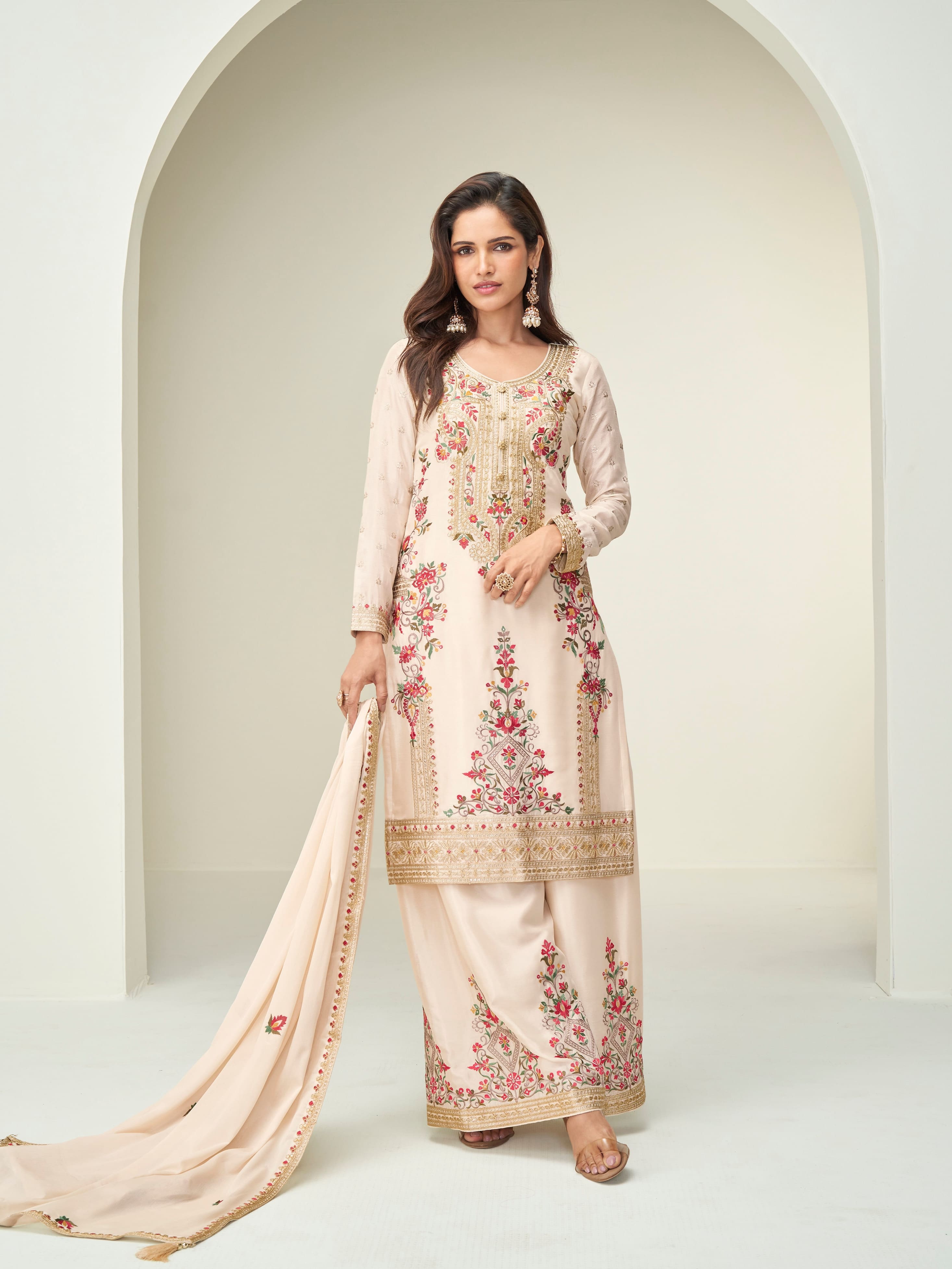Cream embroidered Chinnon silk palazzo suit with dupatta
