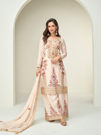 Cream embroidered Chinnon silk palazzo suit with dupatta
