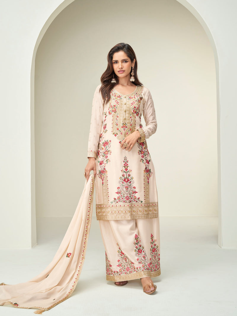 Cream embroidered Chinnon silk palazzo suit with dupatta