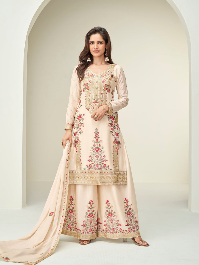 Designer cream palazzo suit with embroidery online