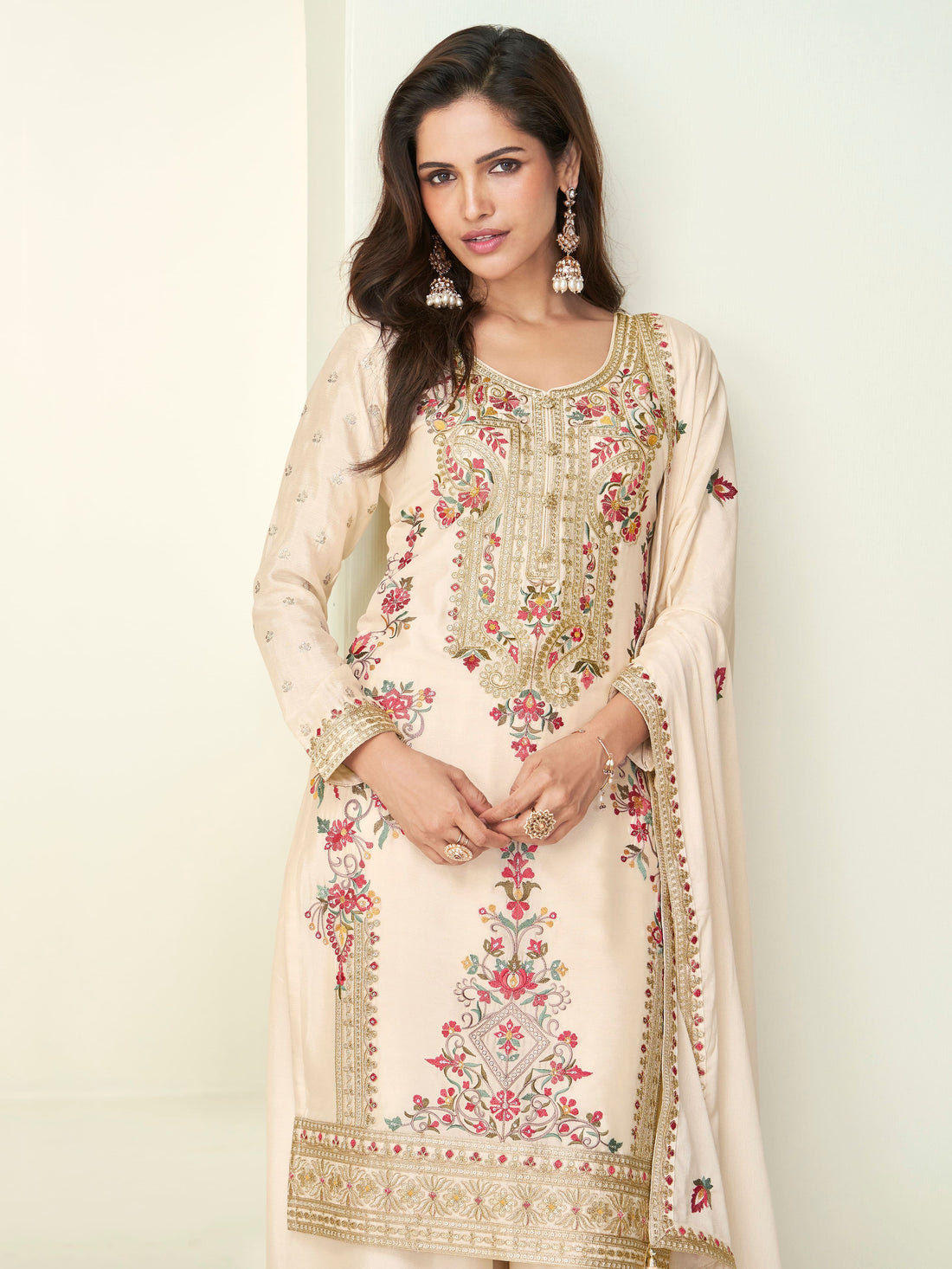 Cream embroidered Chinnon silk palazzo suit with dupatta