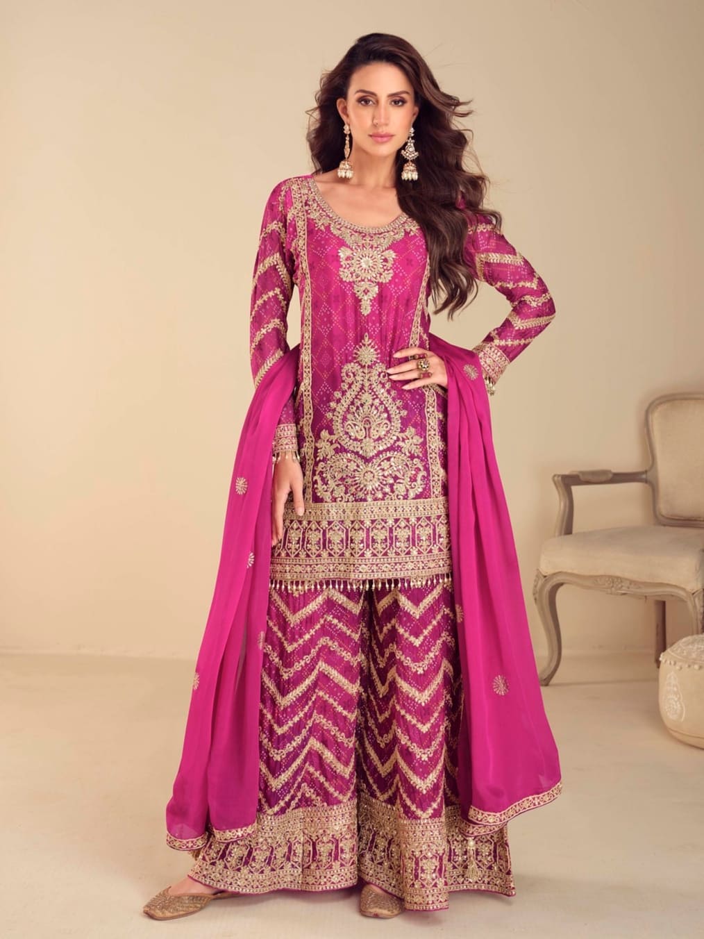 Magenta chinon silk palazzo suit with embroidery