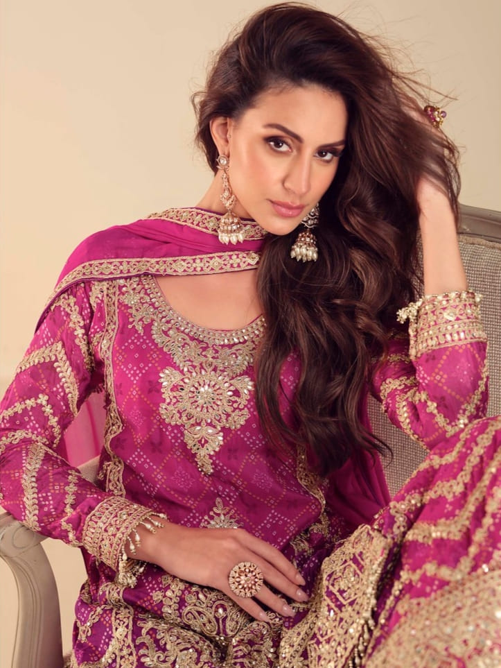 Magenta embroidered palazzo suit with chinon fabric