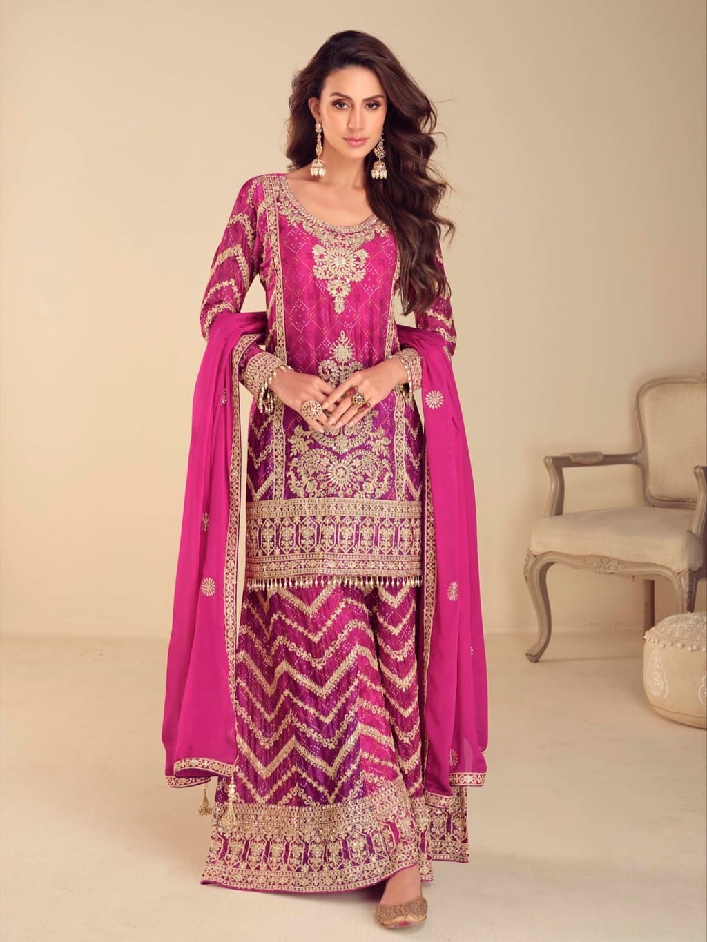 Magenta embroidered palazzo suit with chinon fabric