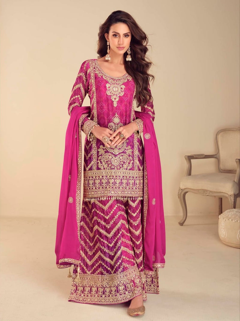 Magenta embroidered palazzo suit with chinon fabric