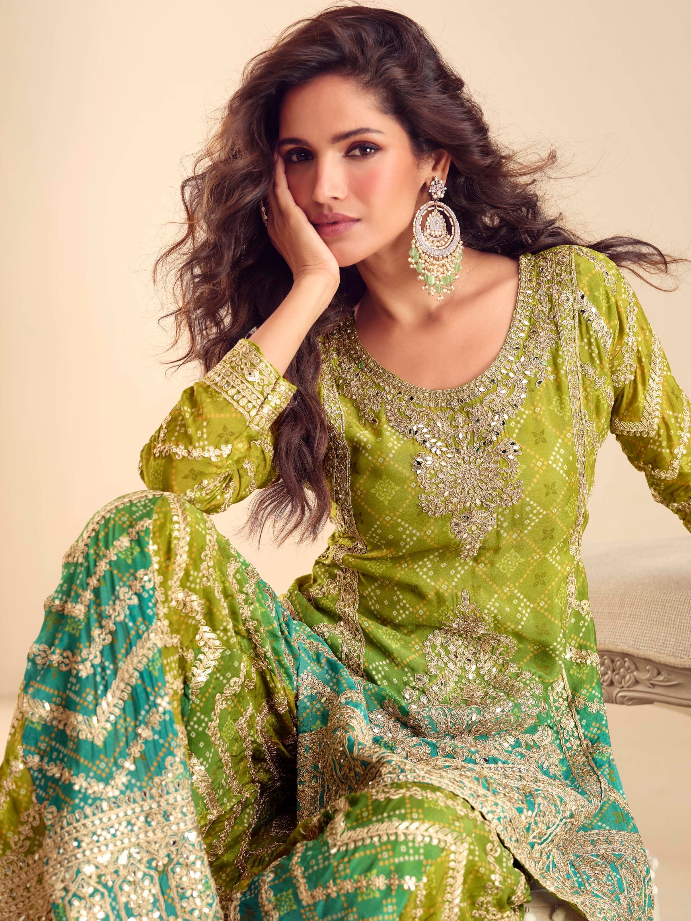 Designer green festive palazzo suit for weddings