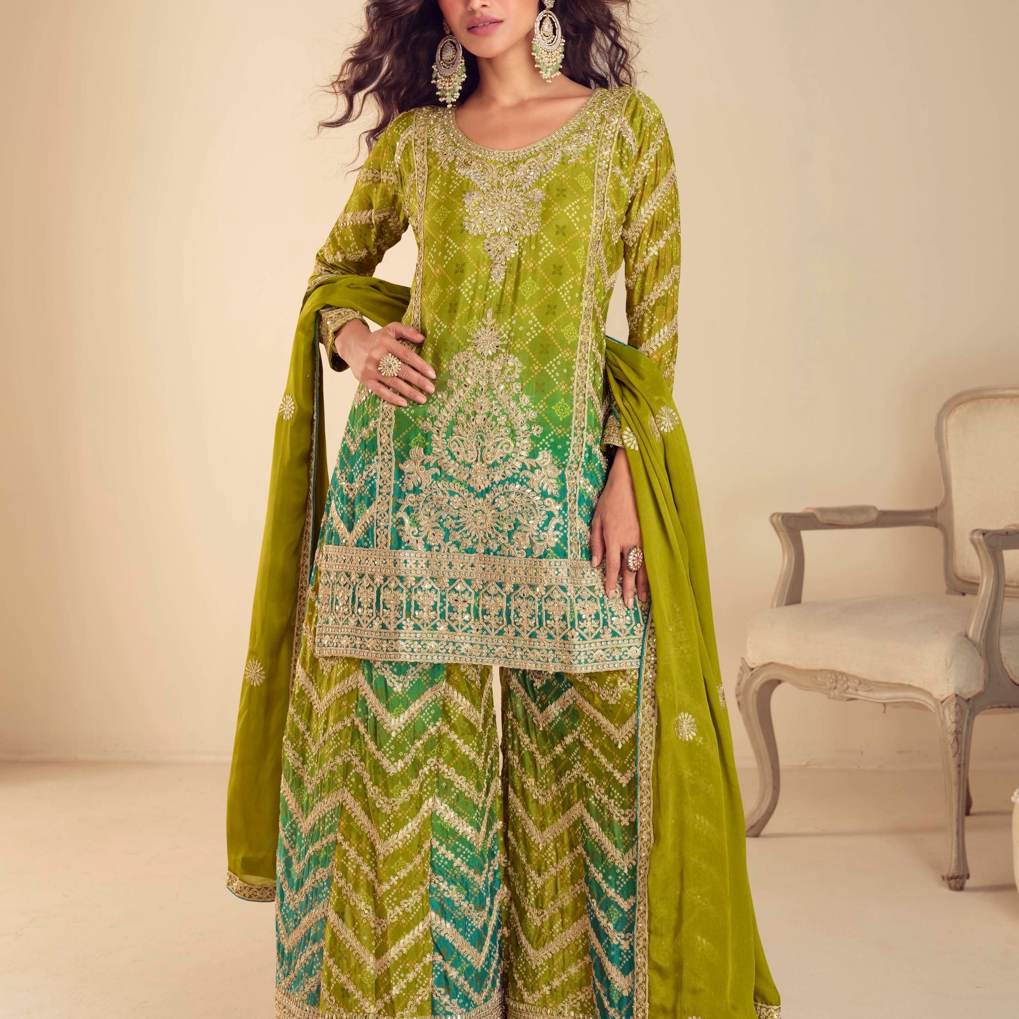 Green embroidered chinon silk palazzo suit with dupatta