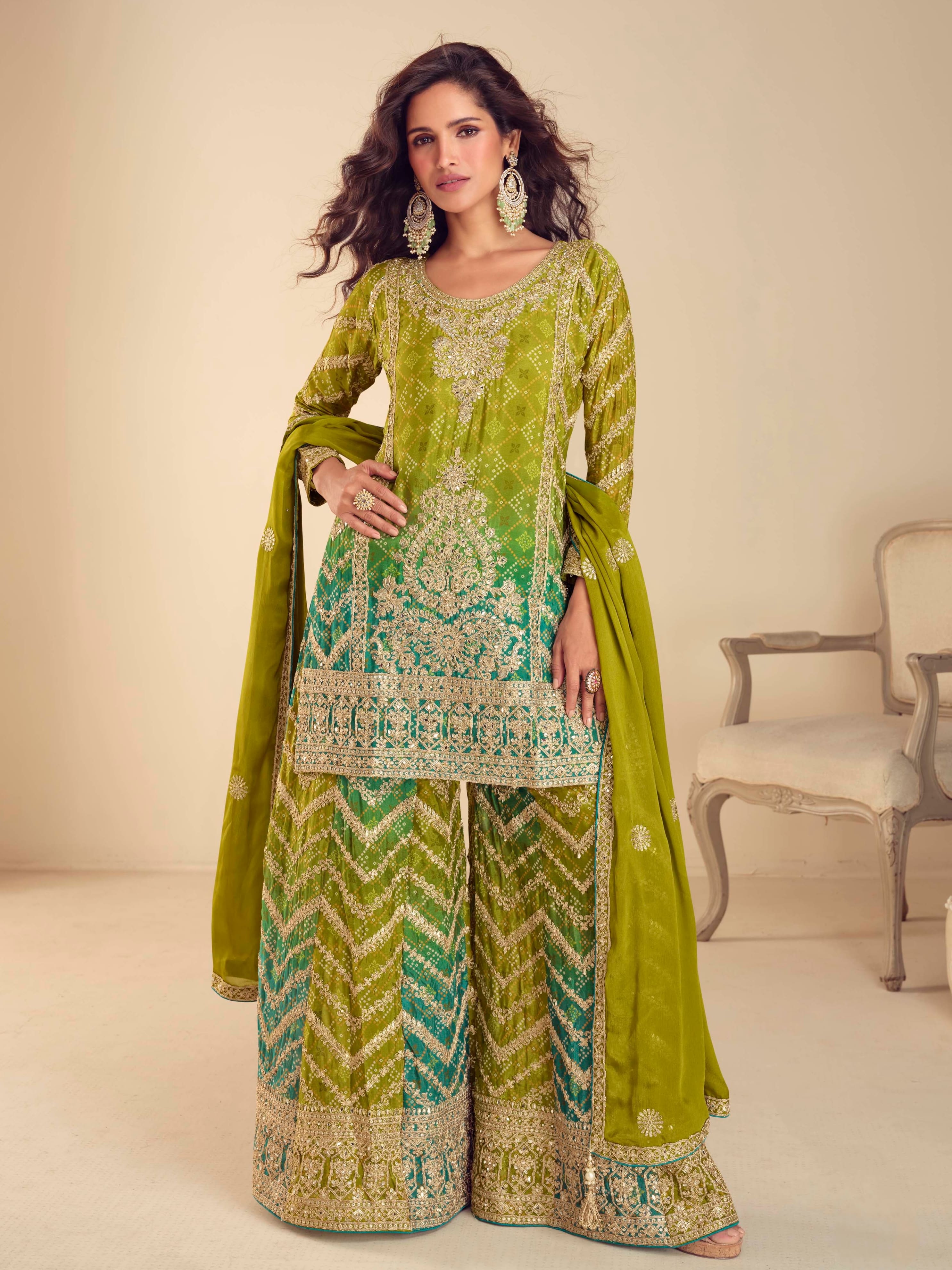 Green embroidered chinon silk palazzo suit with dupatta