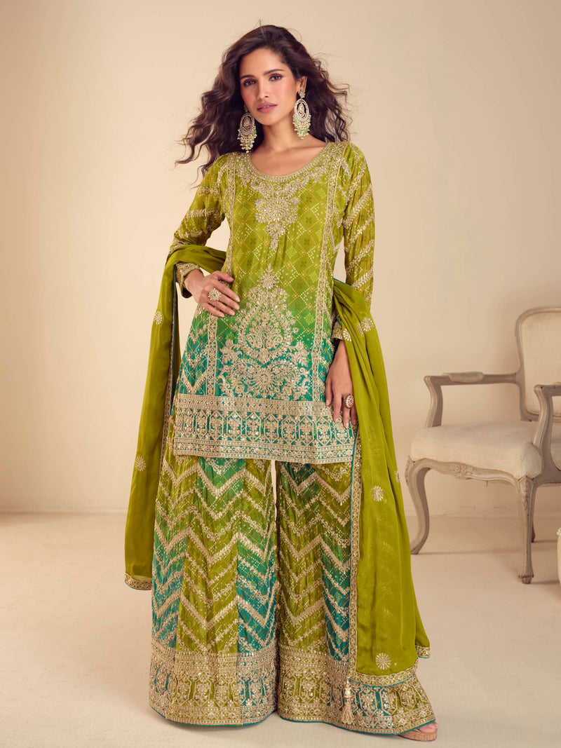 Green embroidered chinon silk palazzo suit with dupatta