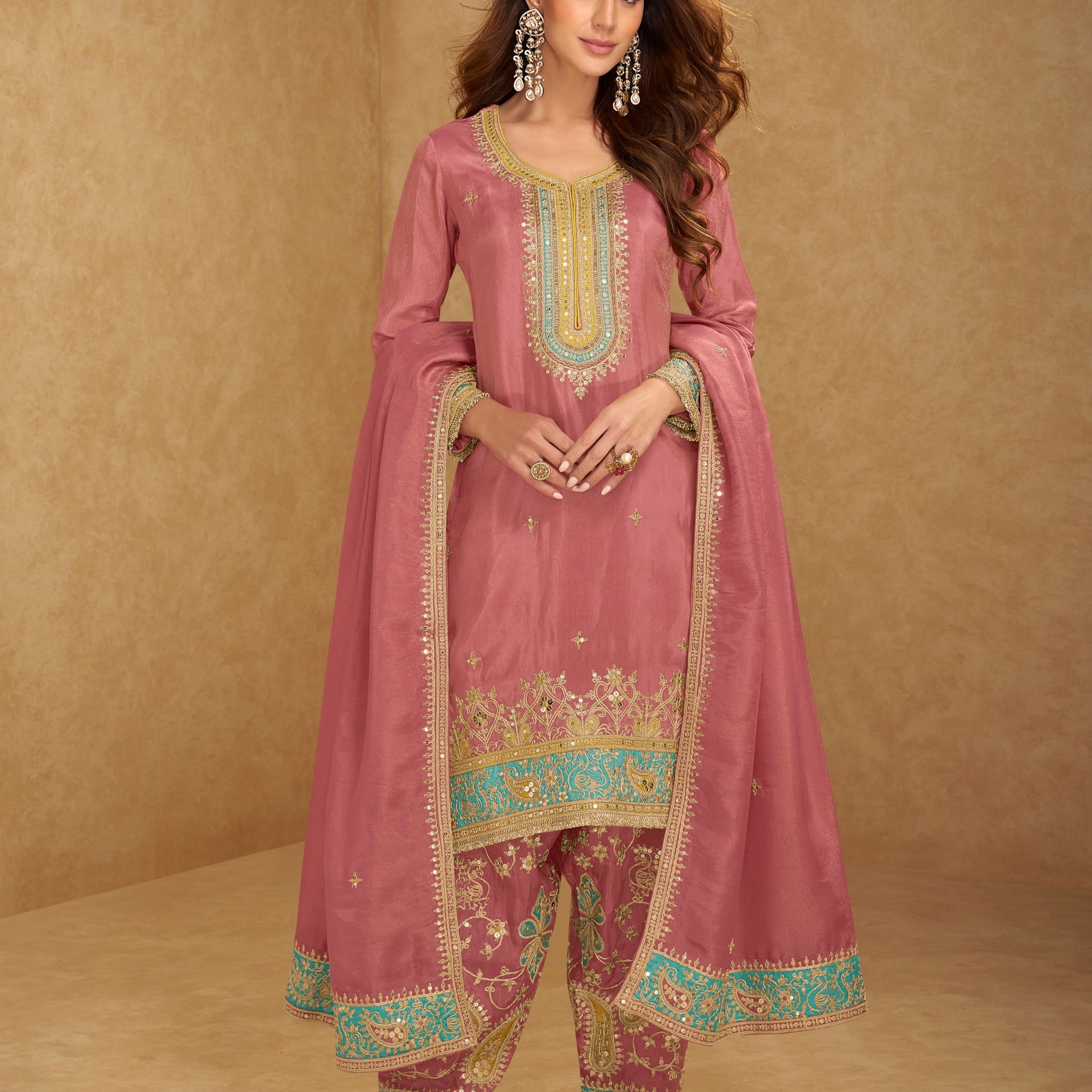 Mauve Simar silk embroidered palazzo suit with dupatta