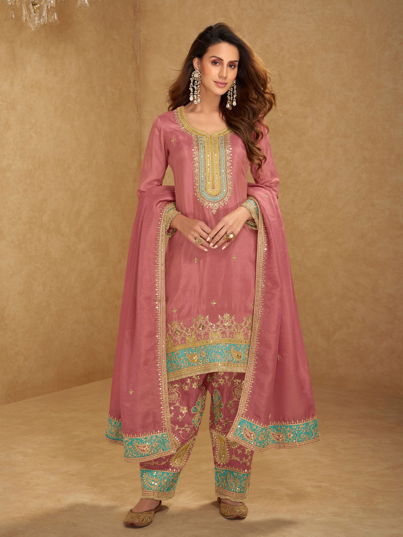Mauve Simar silk embroidered palazzo suit with dupatta