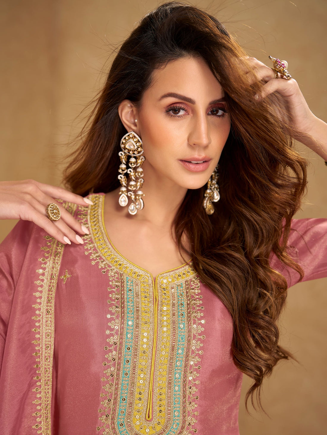 Mauve Simar silk embroidered palazzo suit with dupatta
