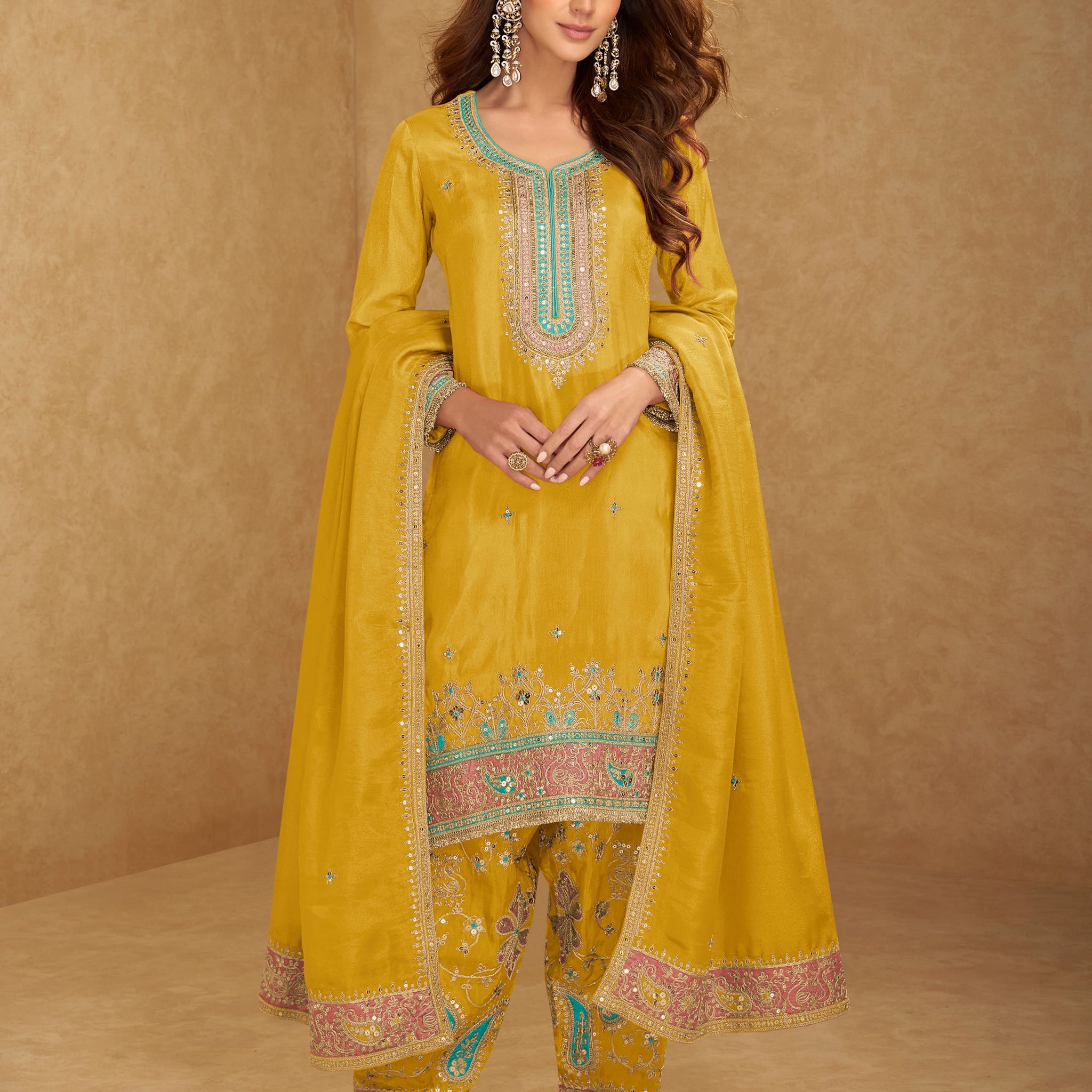 Mustard Simar silk embroidered palazzo suit with dupatta