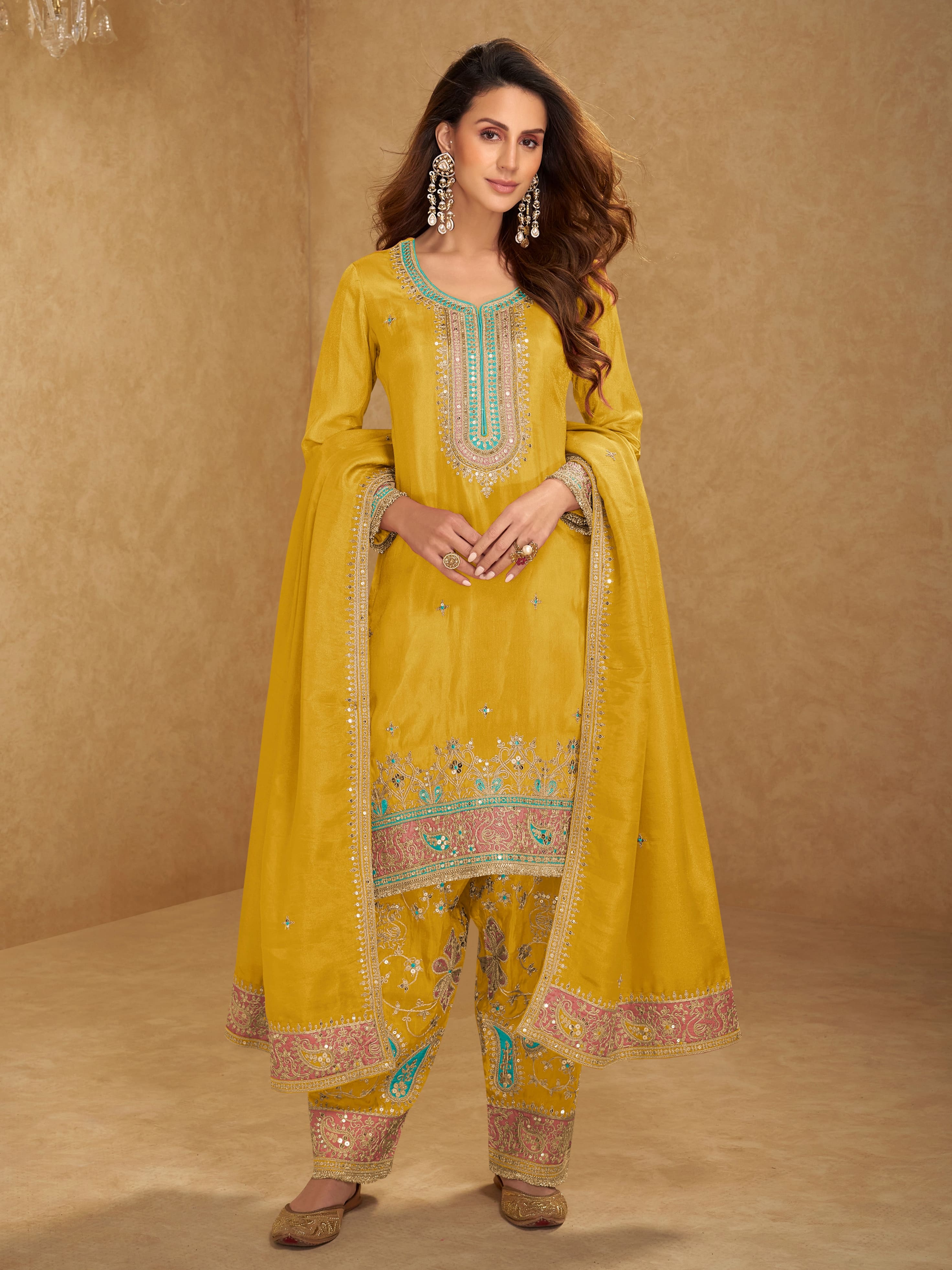 Mustard Simar silk embroidered palazzo suit with dupatta