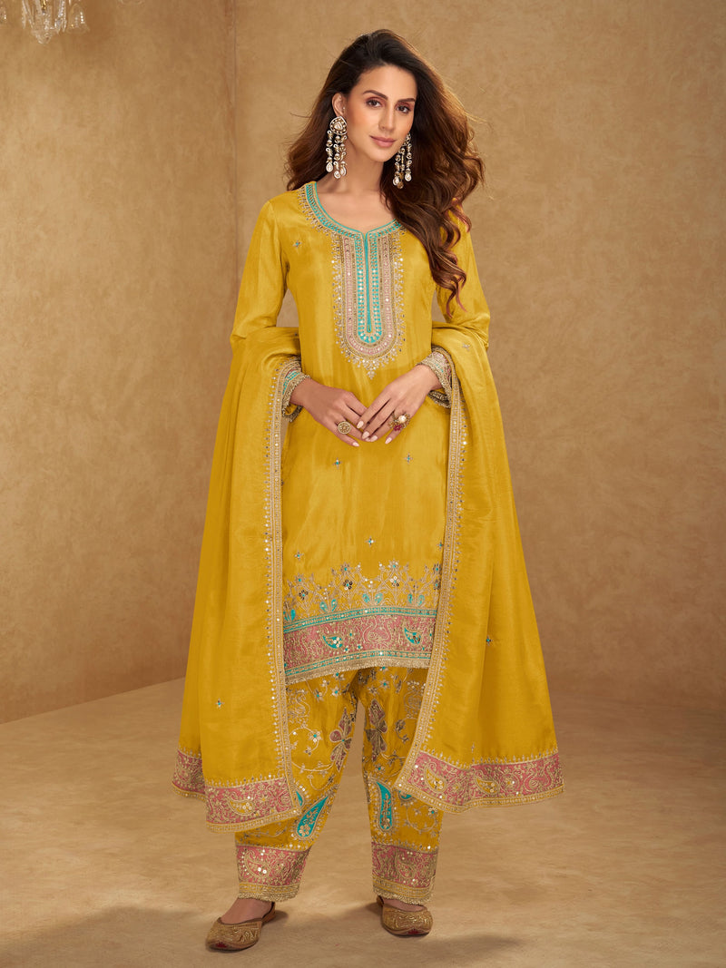 Mustard Simar silk embroidered palazzo suit with dupatta