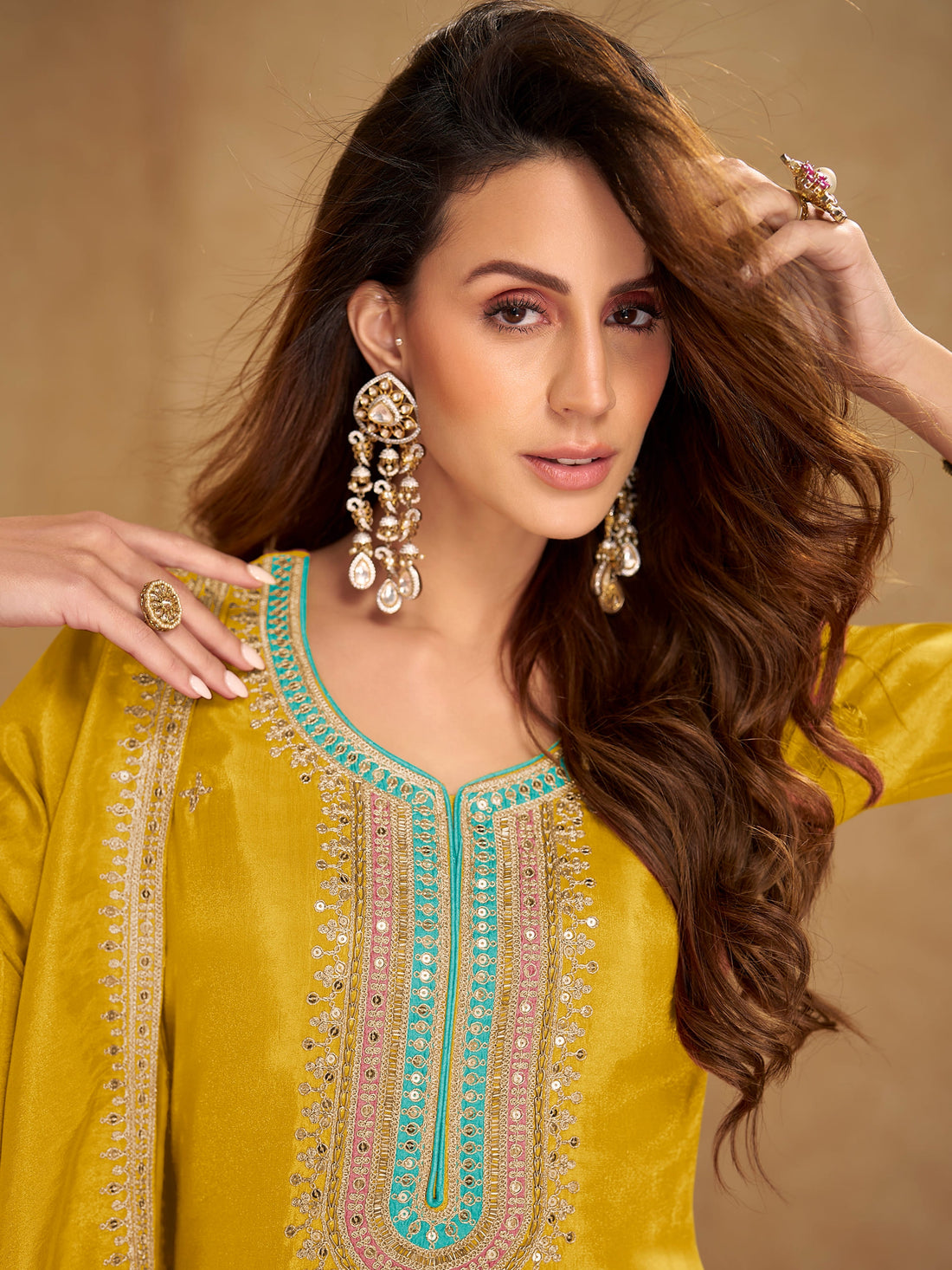 Mustard Simar silk embroidered palazzo suit with dupatta
