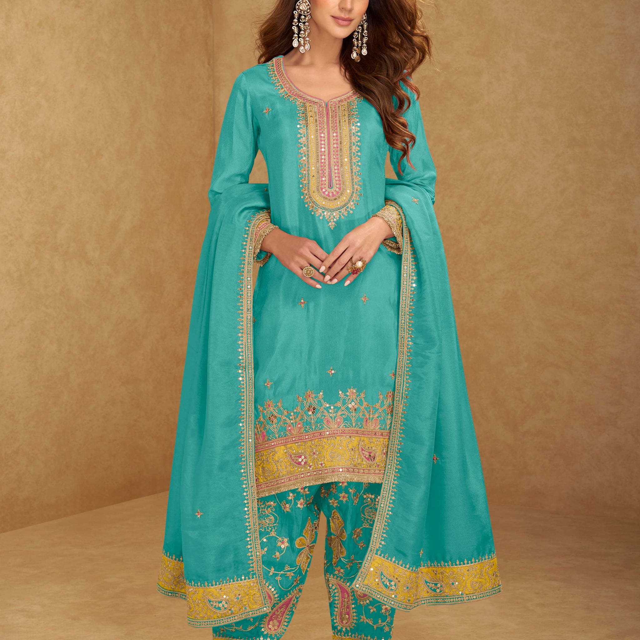 Teal Simar silk embroidered palazzo suit with dupatta
