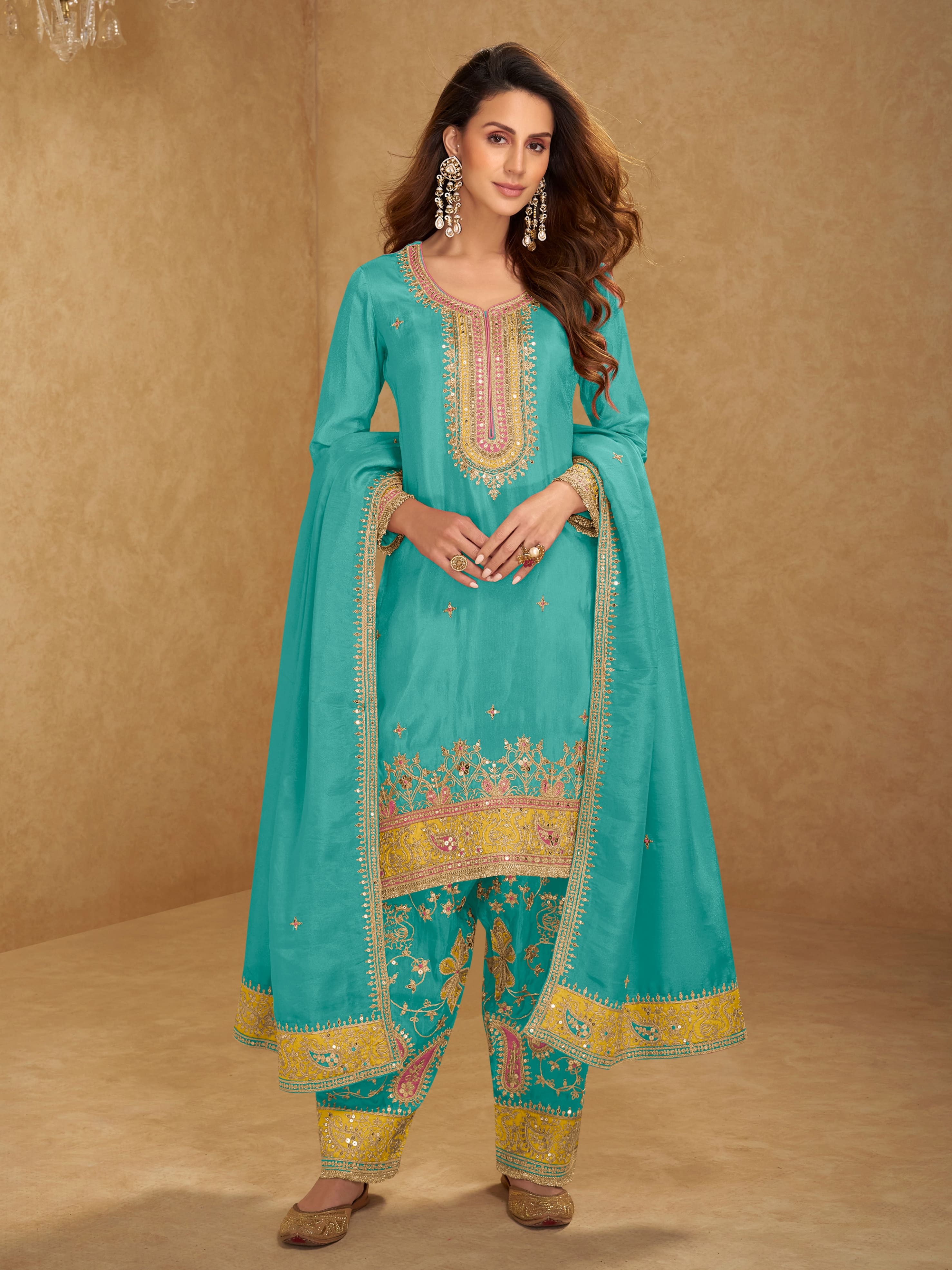 Teal Simar silk embroidered palazzo suit with dupatta