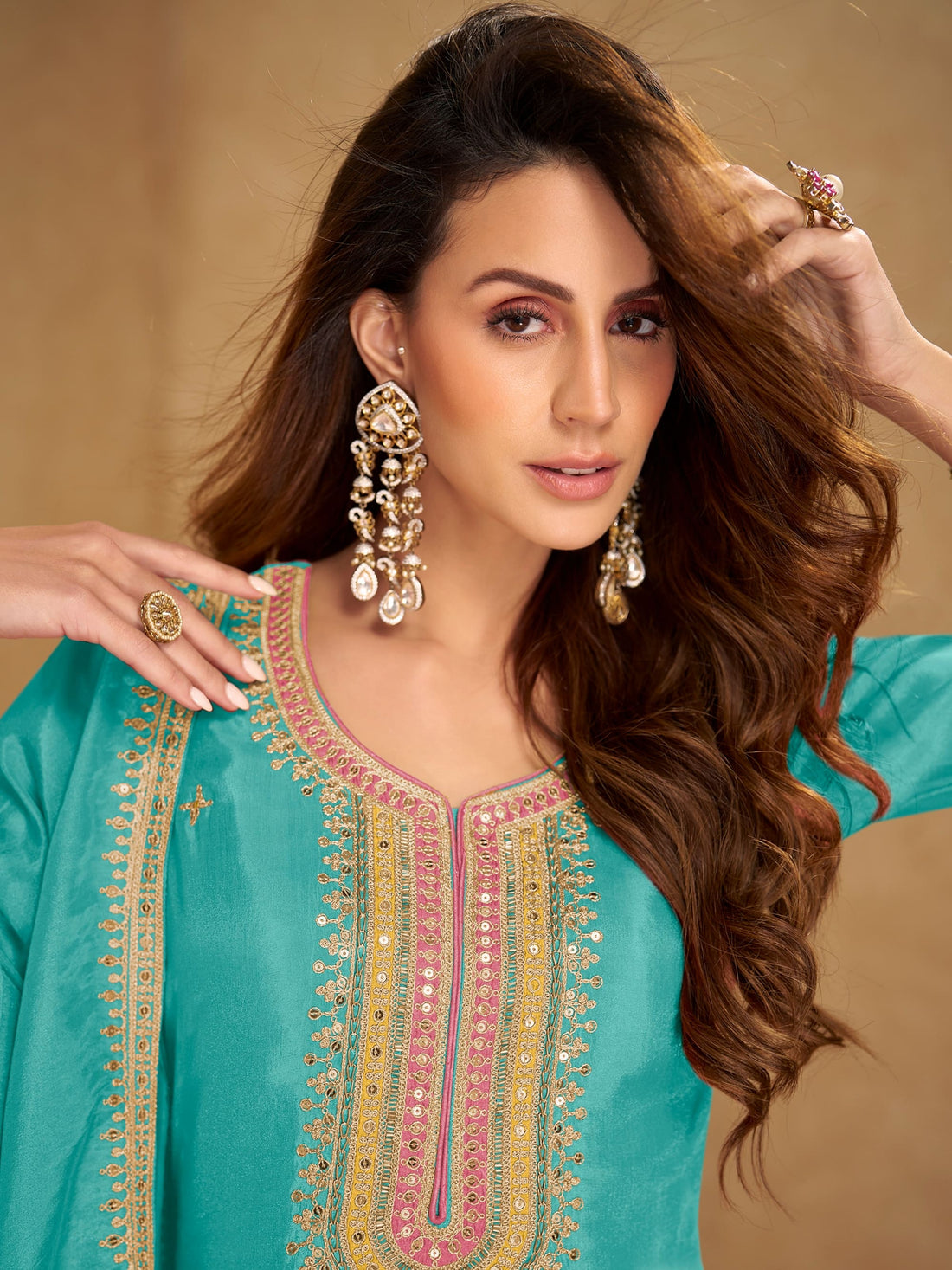 Teal Simar silk embroidered palazzo suit with dupatta