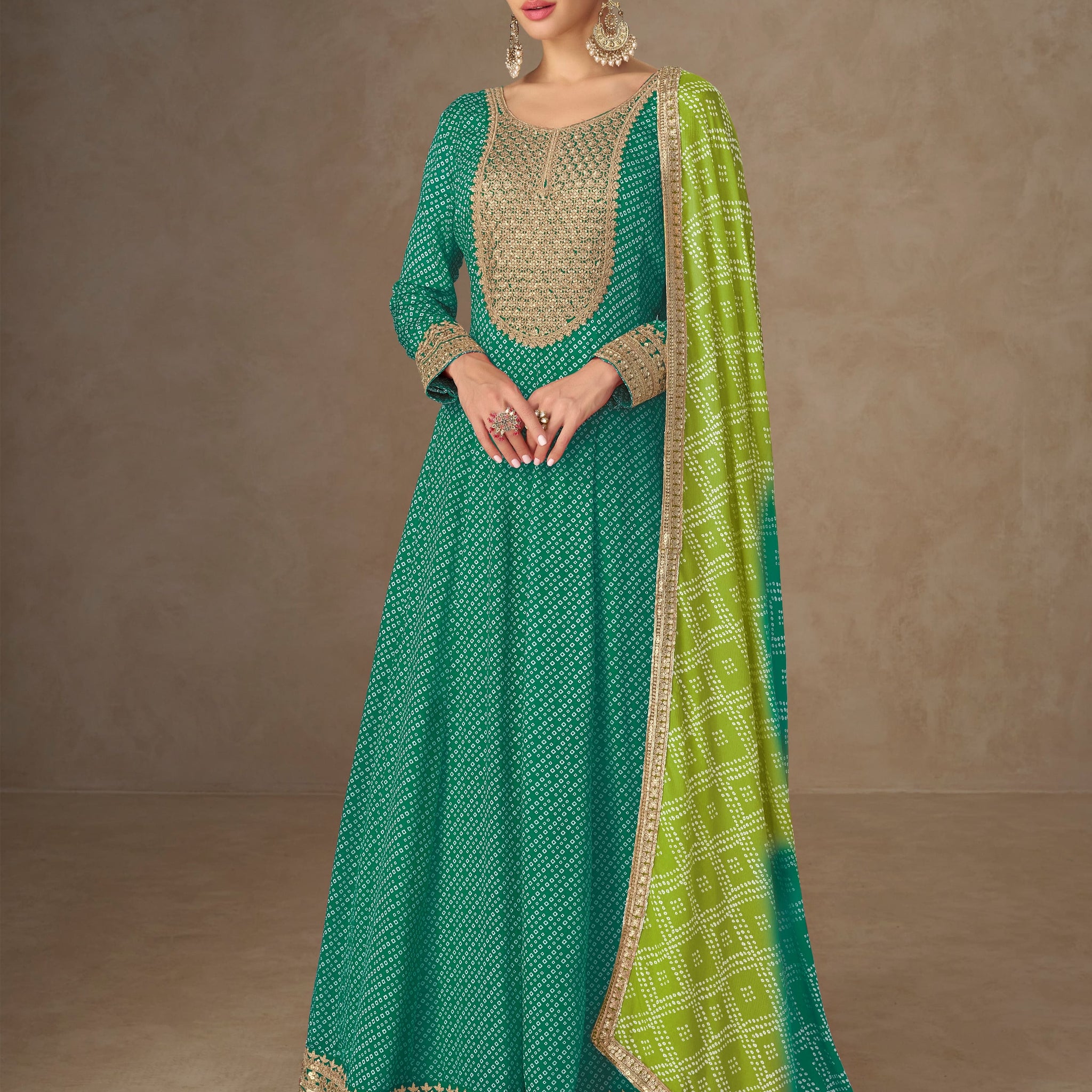 Green embroidered Anarkali suit with dupatta for mehendi