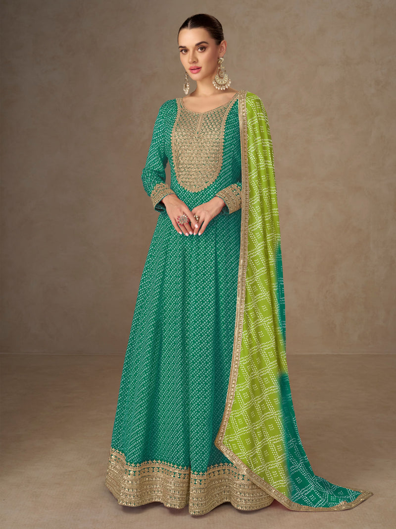 Green embroidered Anarkali suit with dupatta for mehendi