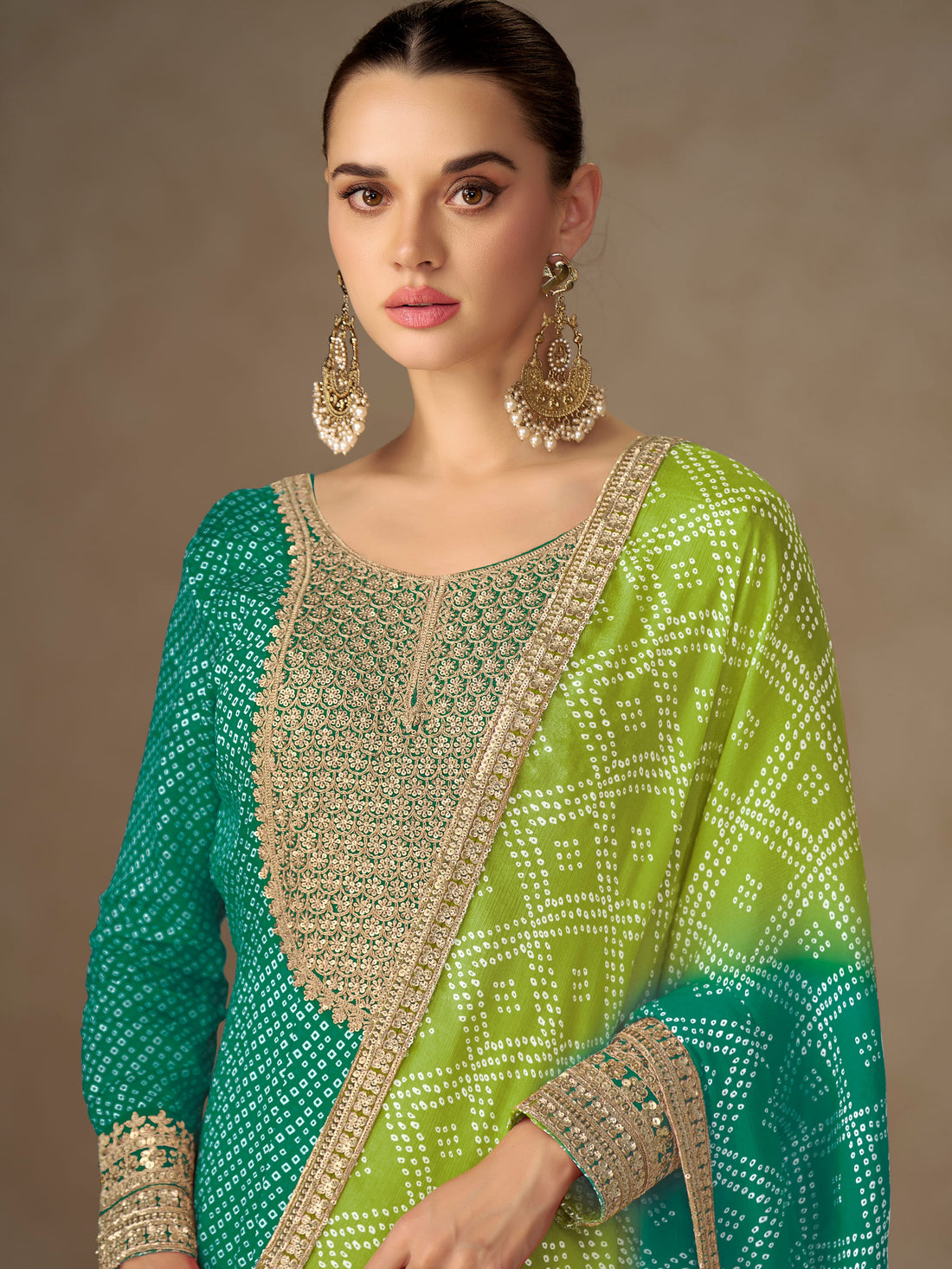 Green embroidered Anarkali suit with dupatta for mehendi
