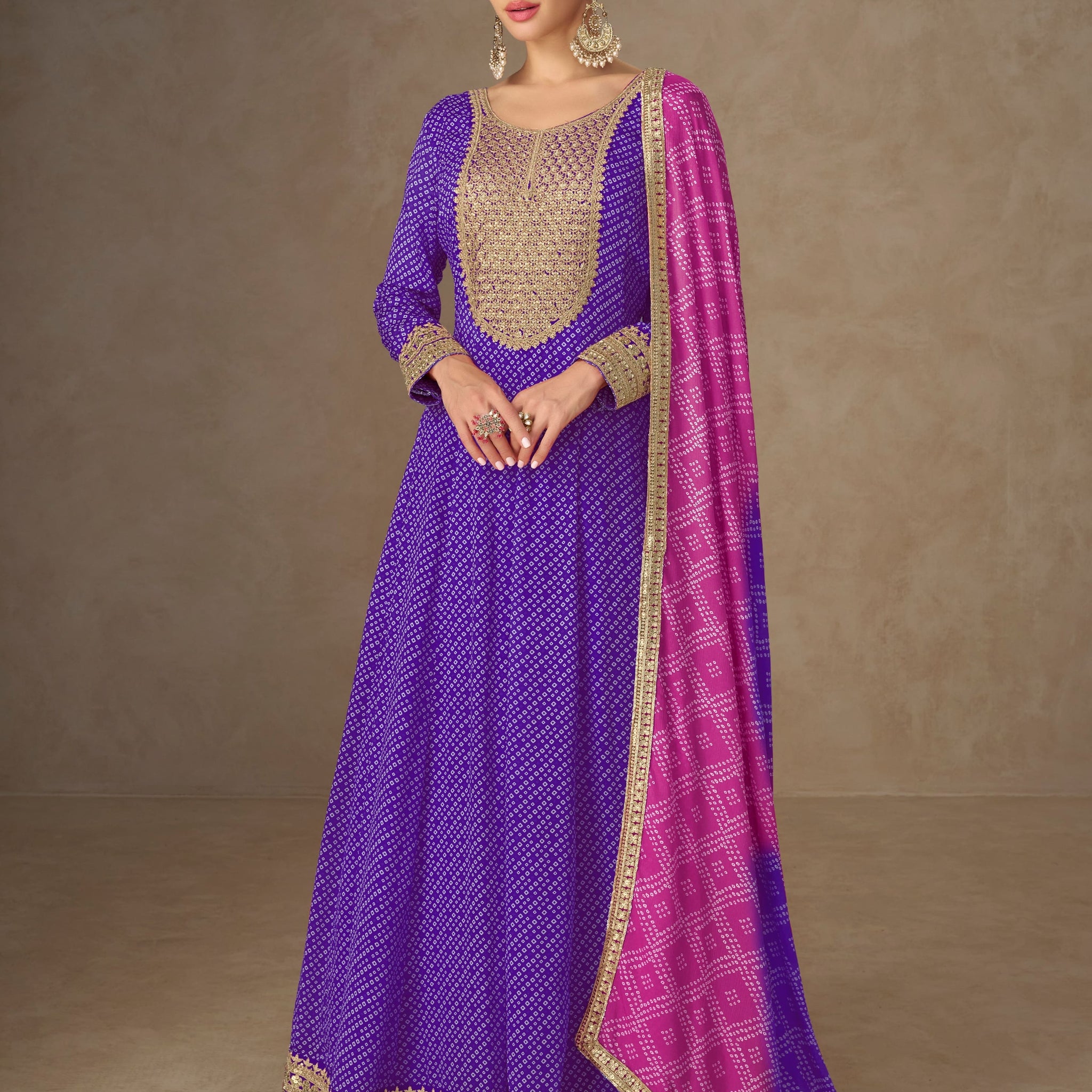 Purple embroidered Anarkali suit with pink dupatta for bridal party