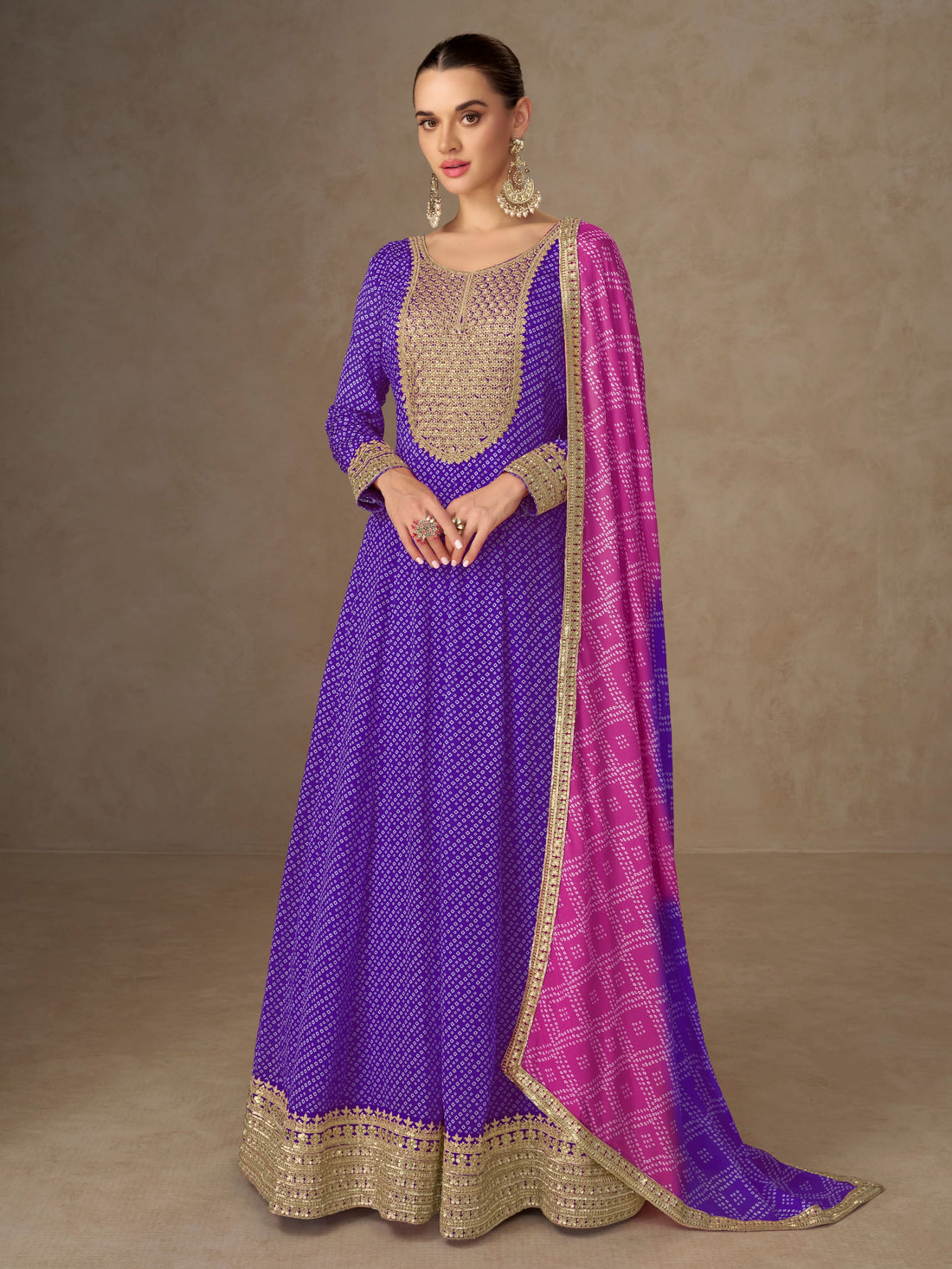 Purple embroidered Anarkali suit with pink dupatta for bridal party