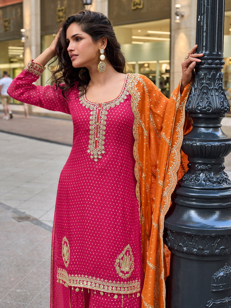 Stylish pink sharara set with contrast dupatta for reception