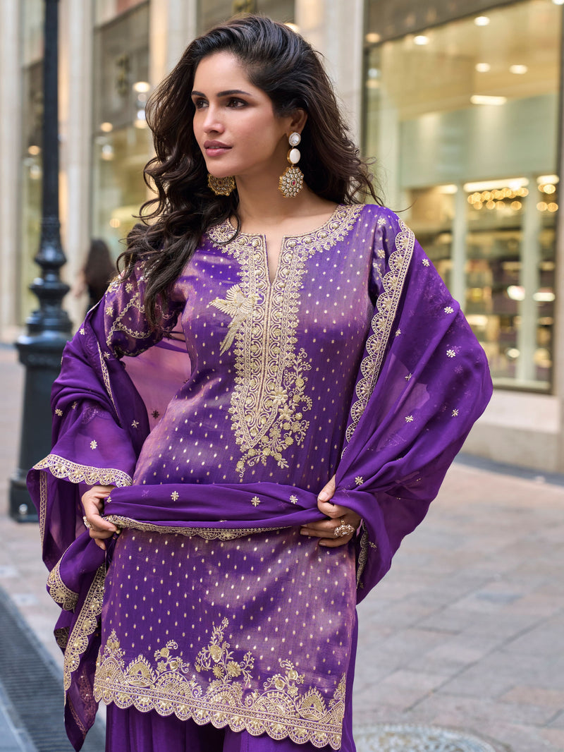 Jacquard silk purple sharara dress with embroidery
