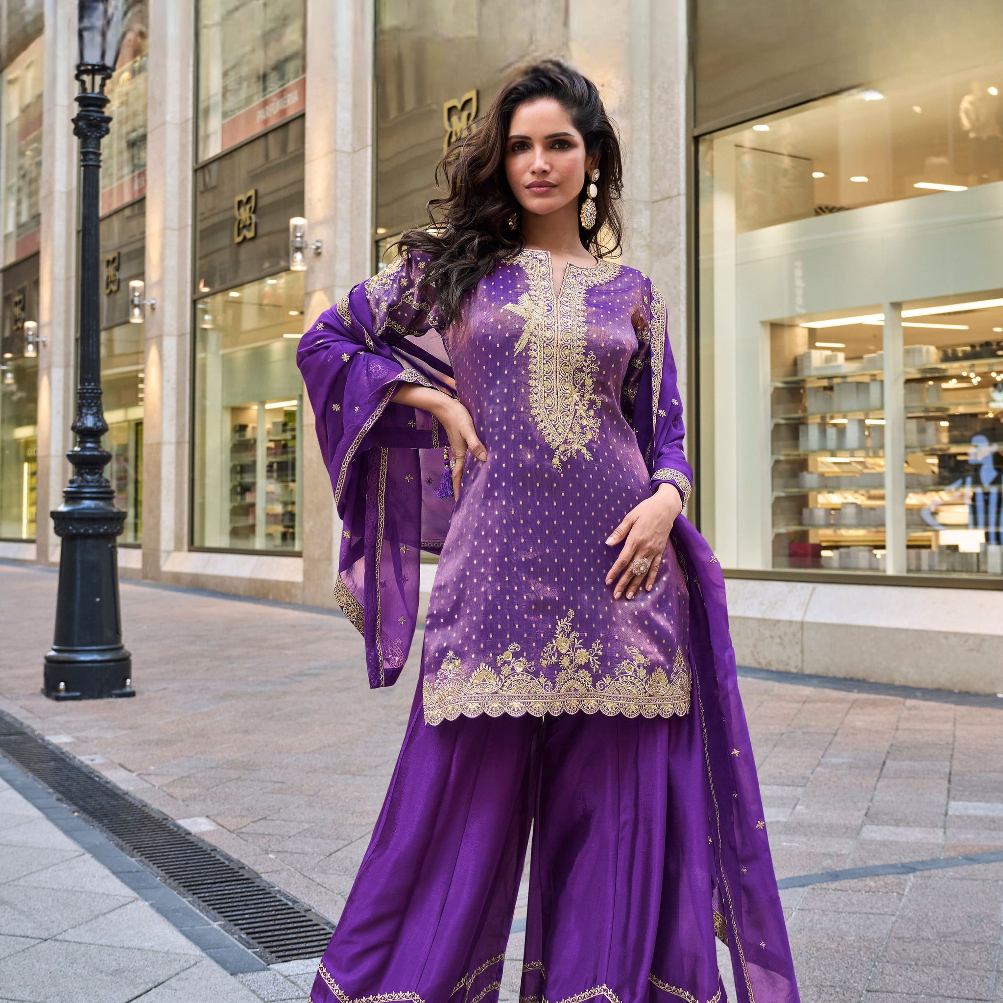 Purple embroidered sharara suit with dupatta for bridal party