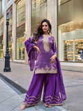 Purple embroidered sharara suit with dupatta for bridal party