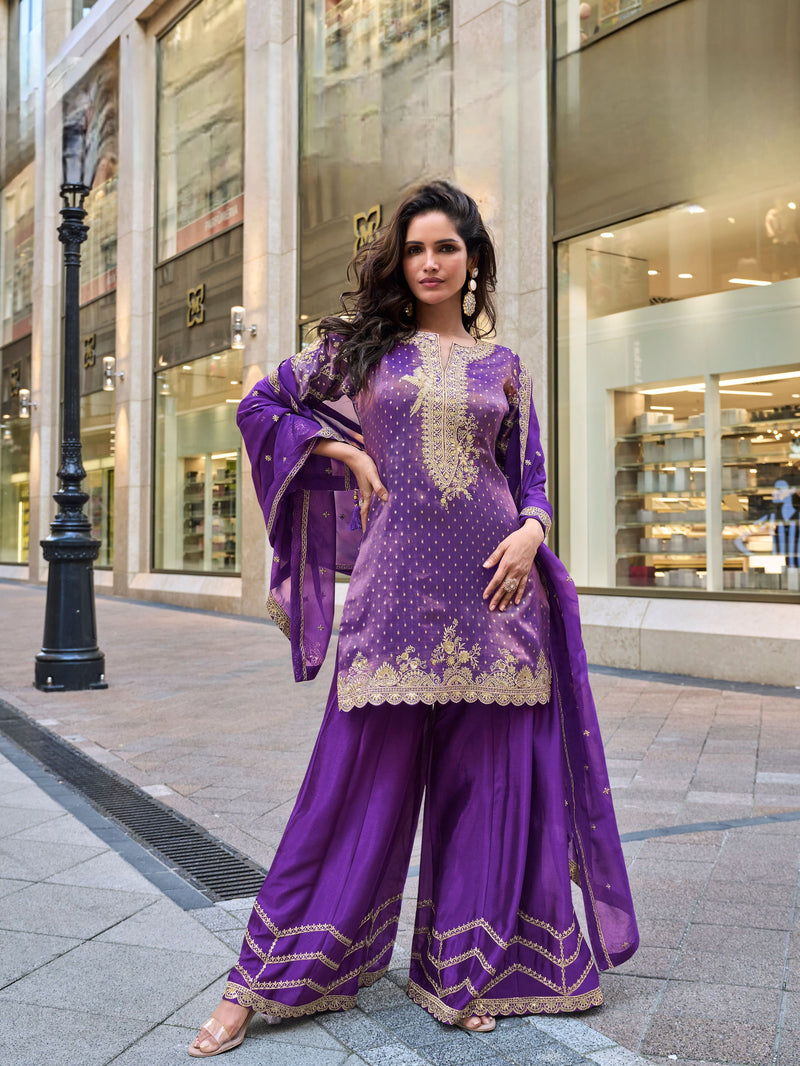 Purple embroidered sharara suit with dupatta for bridal party
