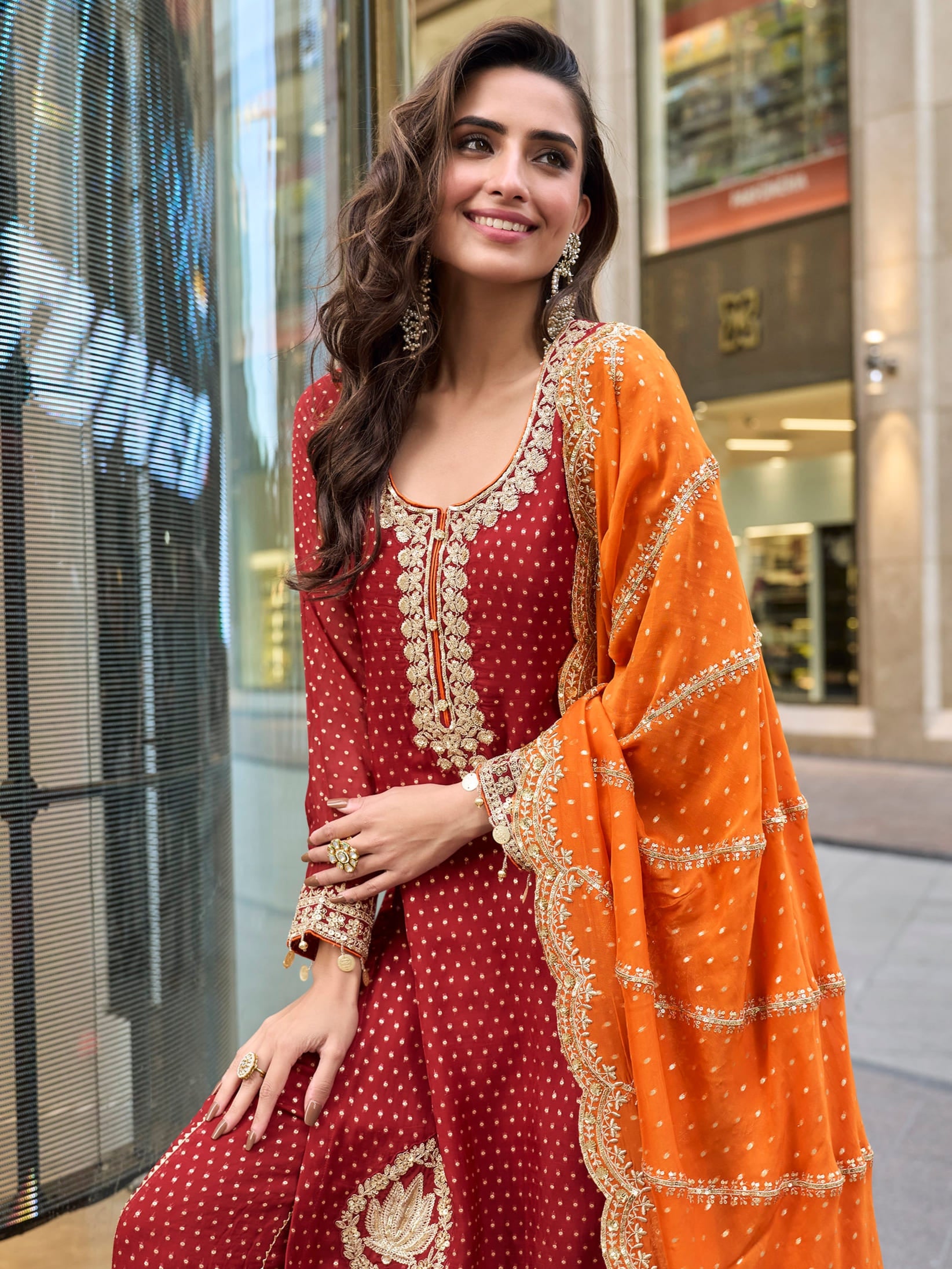 Designer maroon jacquard silk sharara dress with embroidery