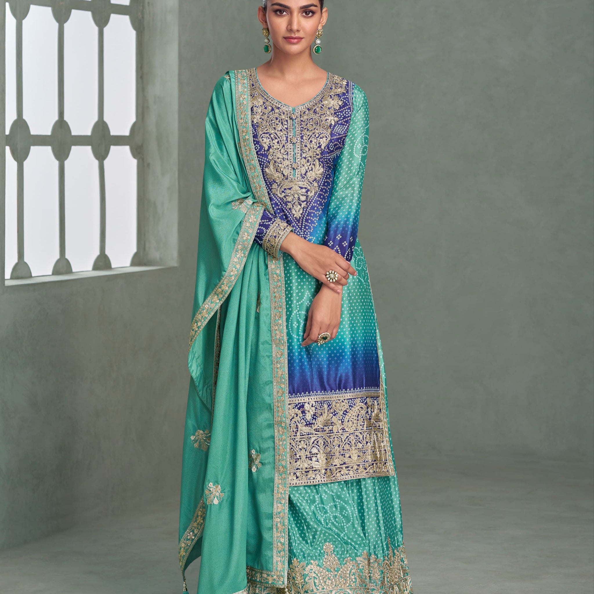 Green yellow ombre palazzo suit with embroidery for mehendi