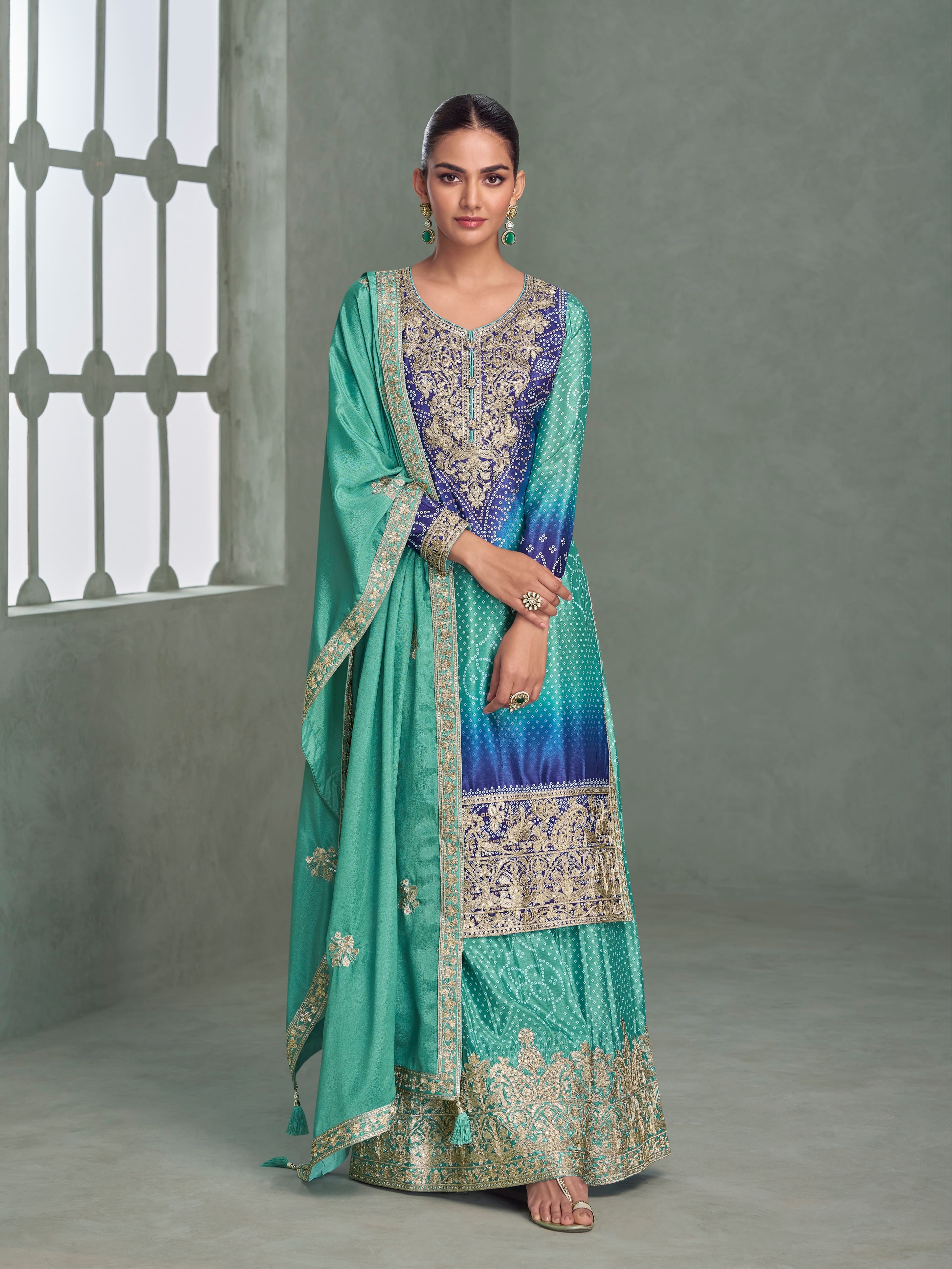 Green yellow ombre palazzo suit with embroidery for mehendi