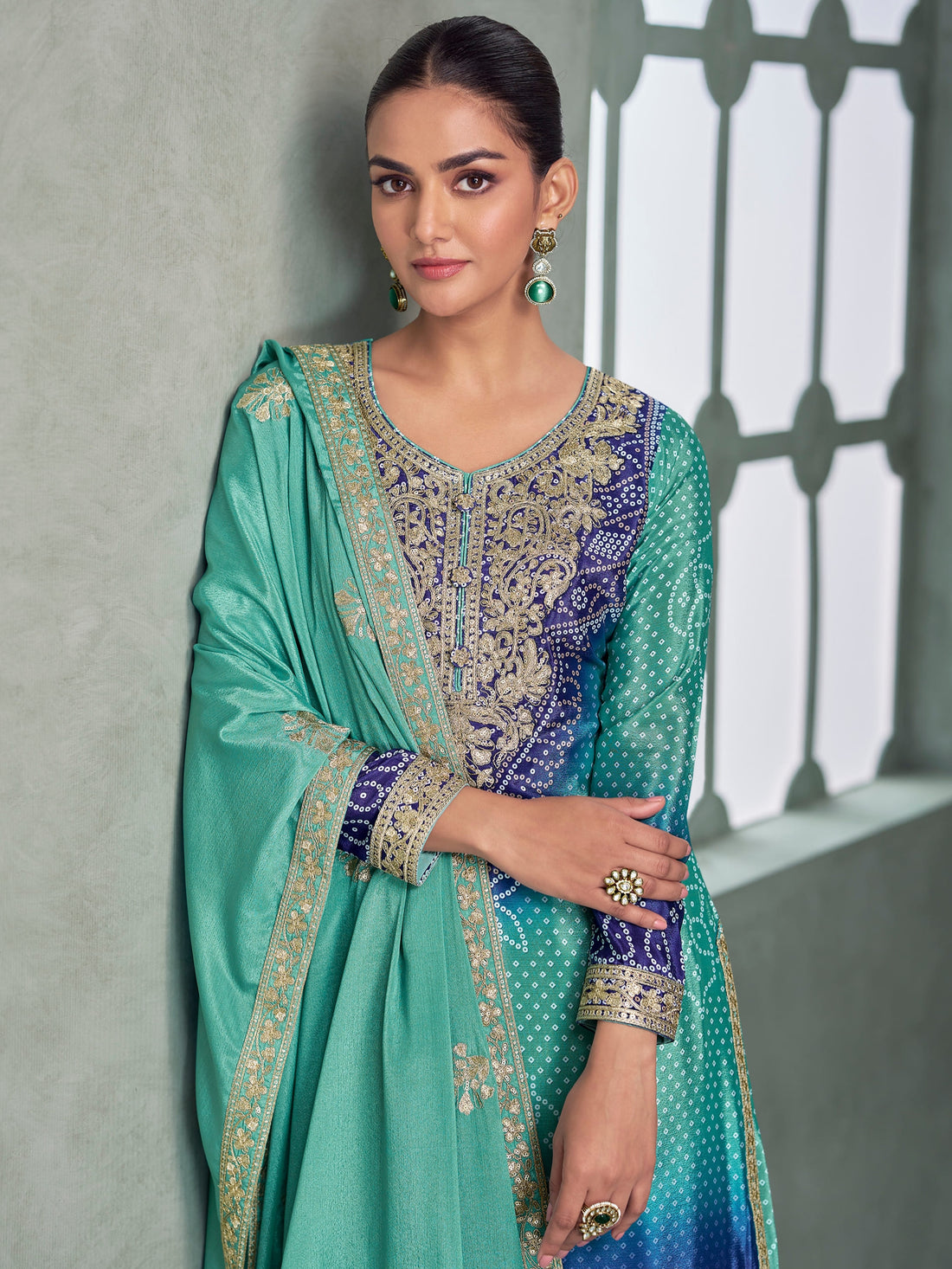 Green yellow ombre palazzo suit with embroidery for mehendi