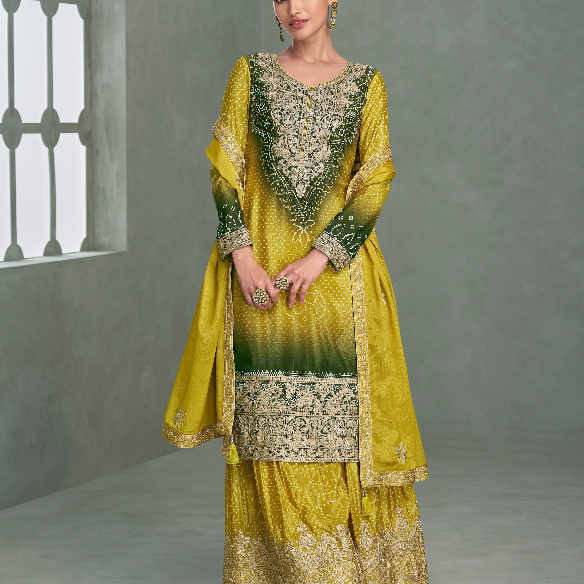 Green yellow ombre palazzo suit with embroidery for mehendi