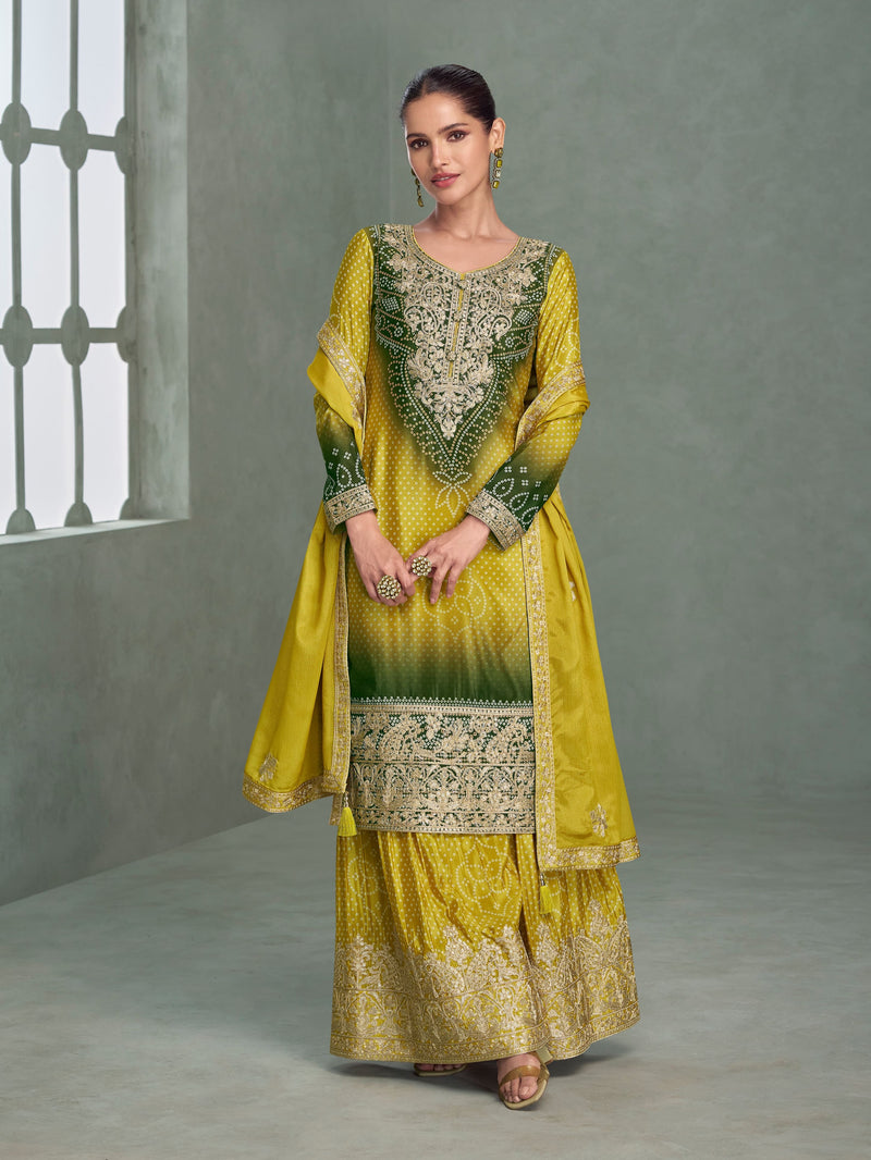 Green yellow ombre palazzo suit with embroidery for mehendi