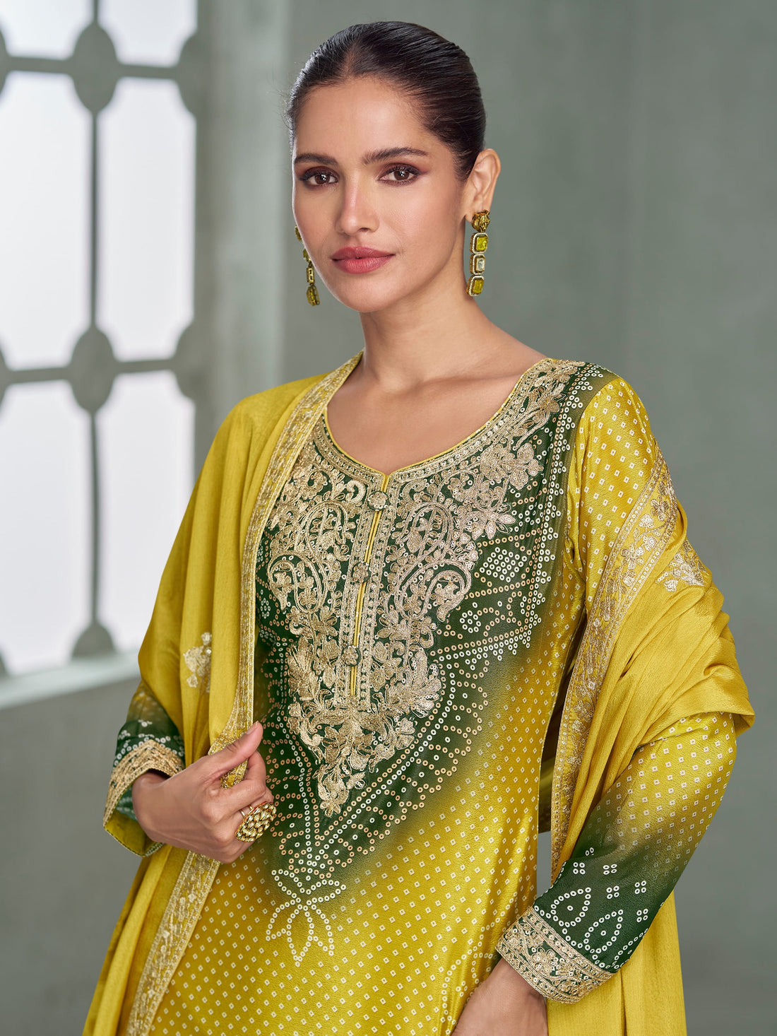 Green yellow ombre palazzo suit with embroidery for mehendi