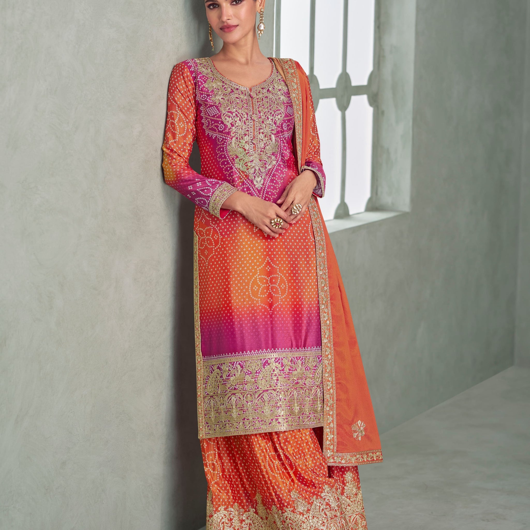 Pink orange ombre Chinnon Silk palazzo suit with embroidery
