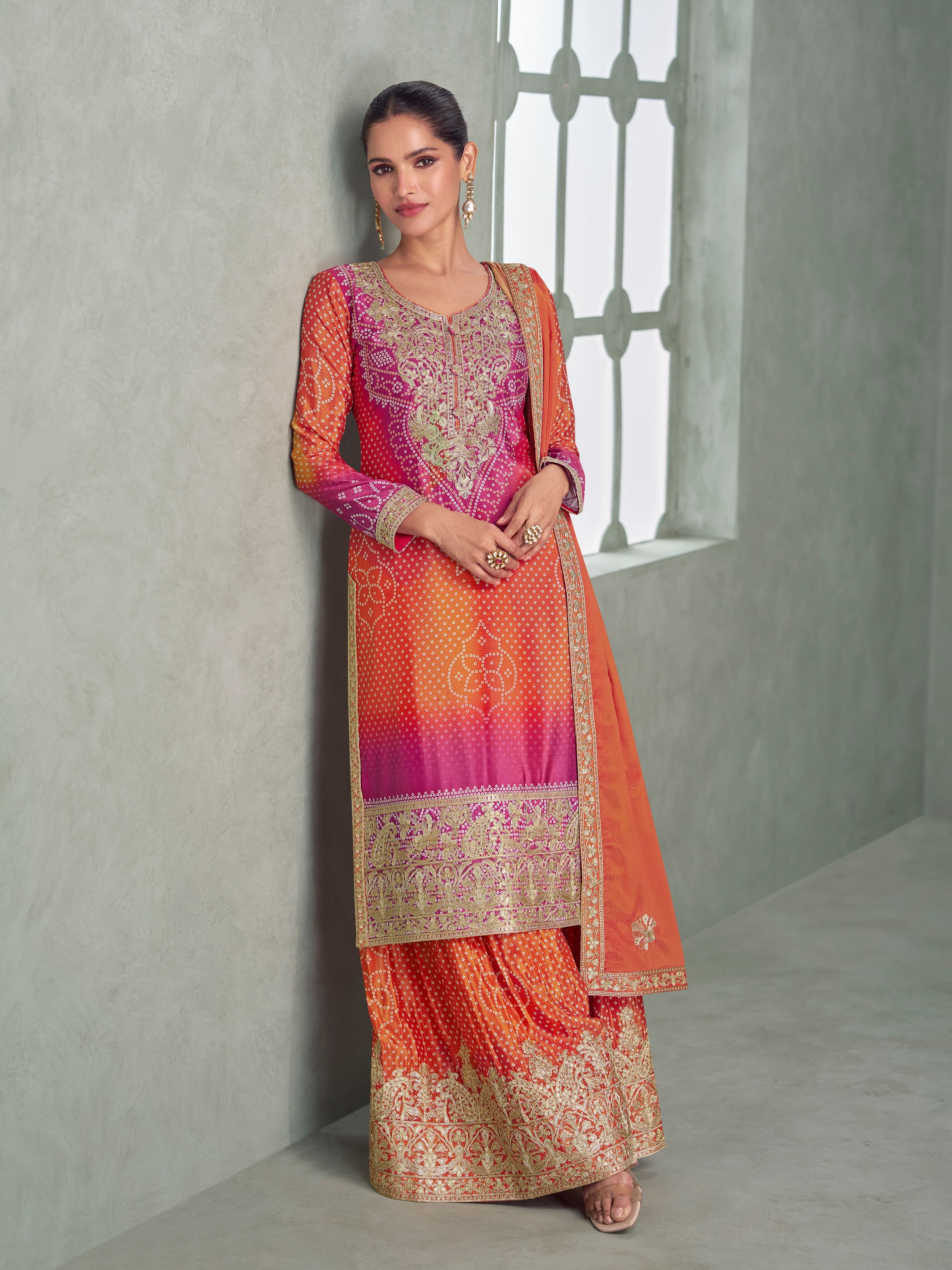 Pink orange ombre Chinnon Silk palazzo suit with embroidery