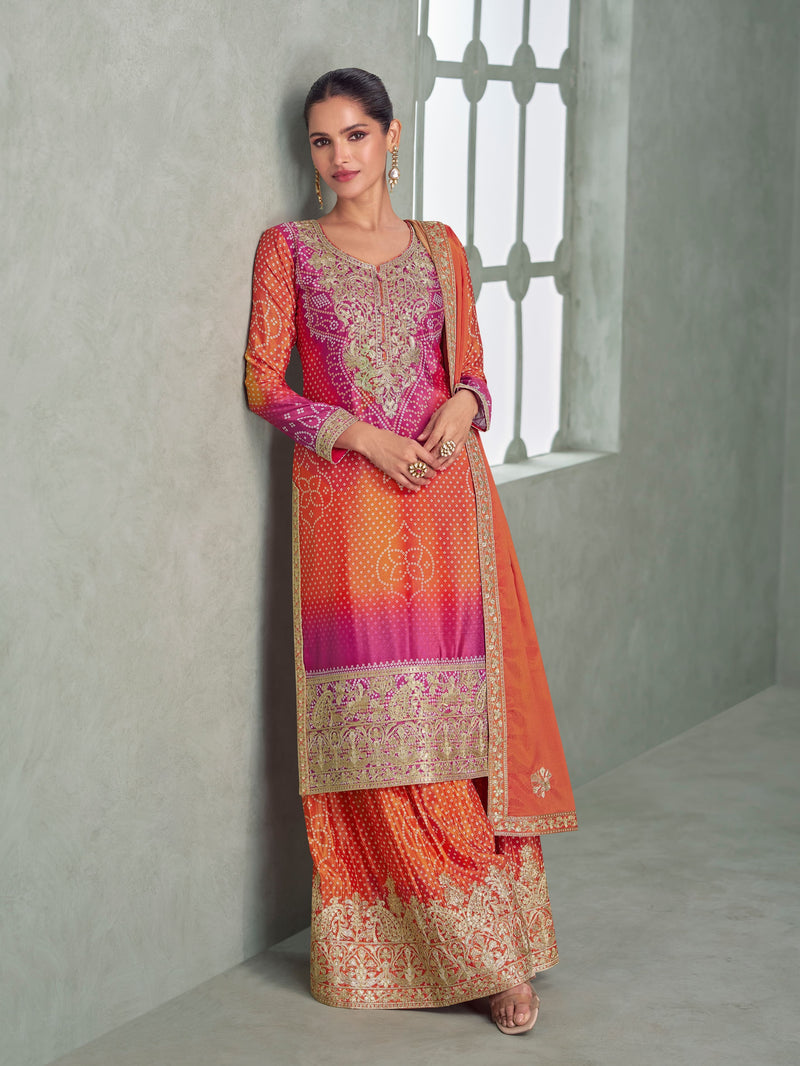Pink orange ombre Chinnon Silk palazzo suit with embroidery