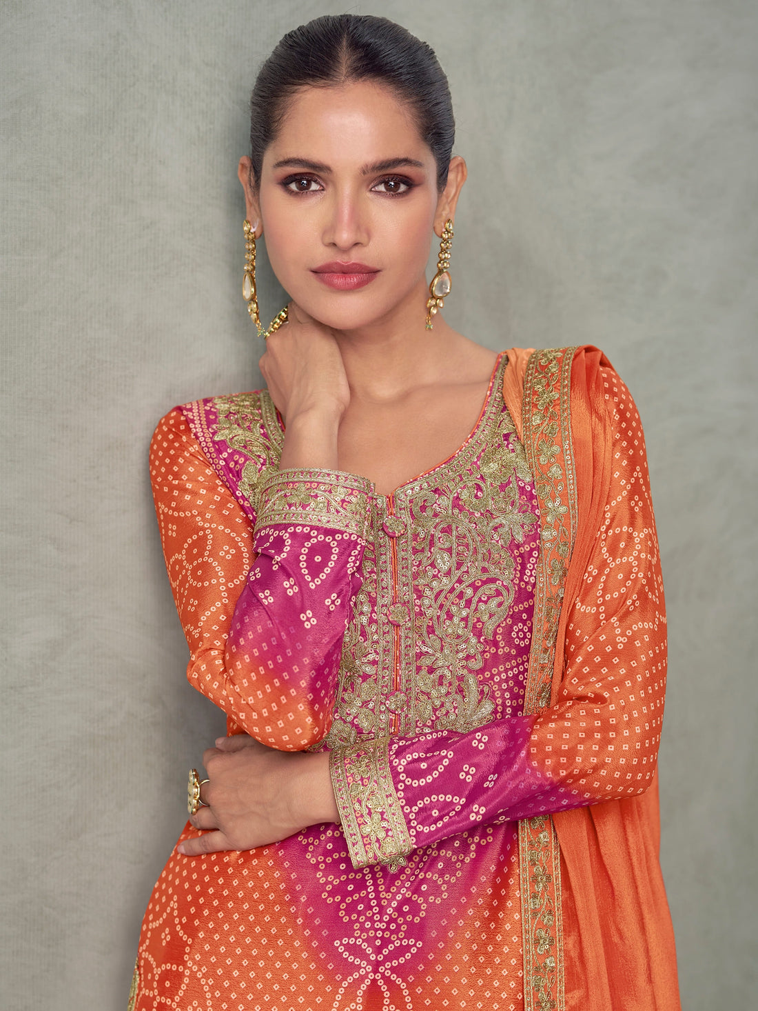 Pink orange ombre Chinnon Silk palazzo suit with embroidery
