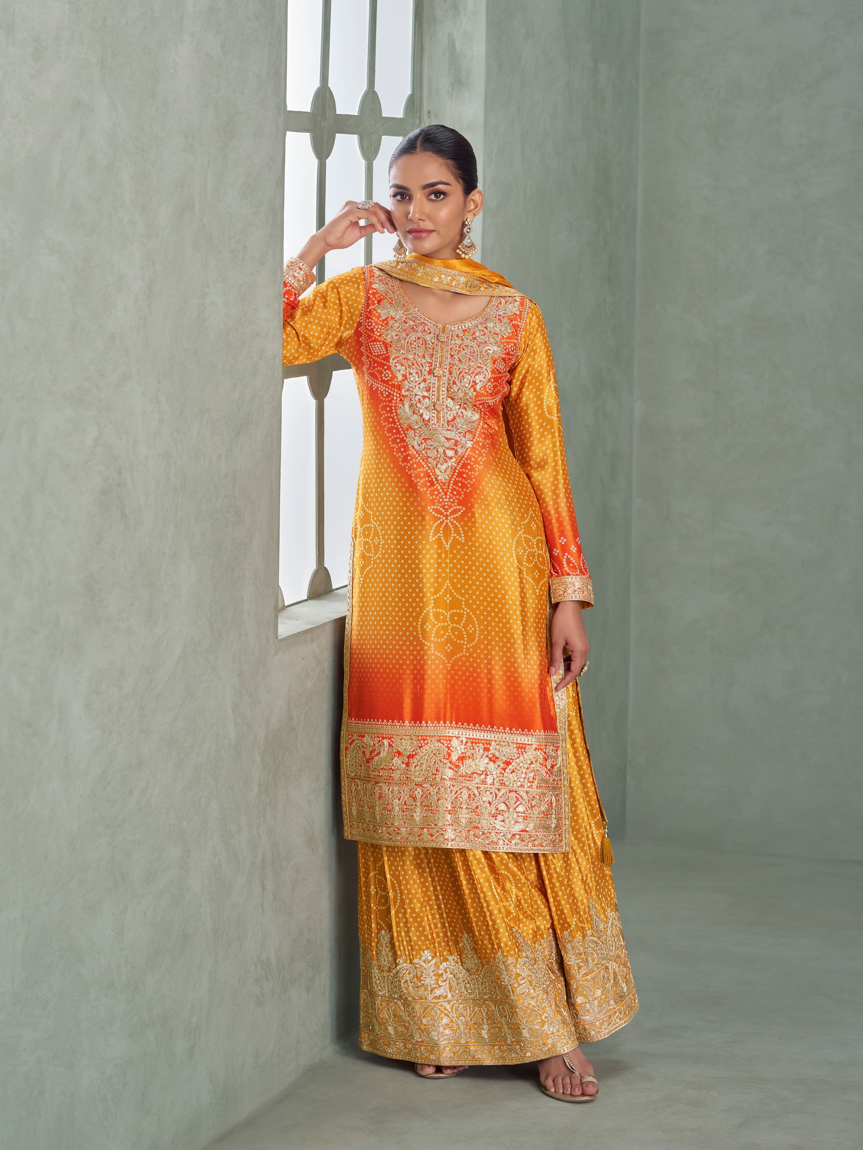 Ombre silk suit with embroidery and dupatta for weddings